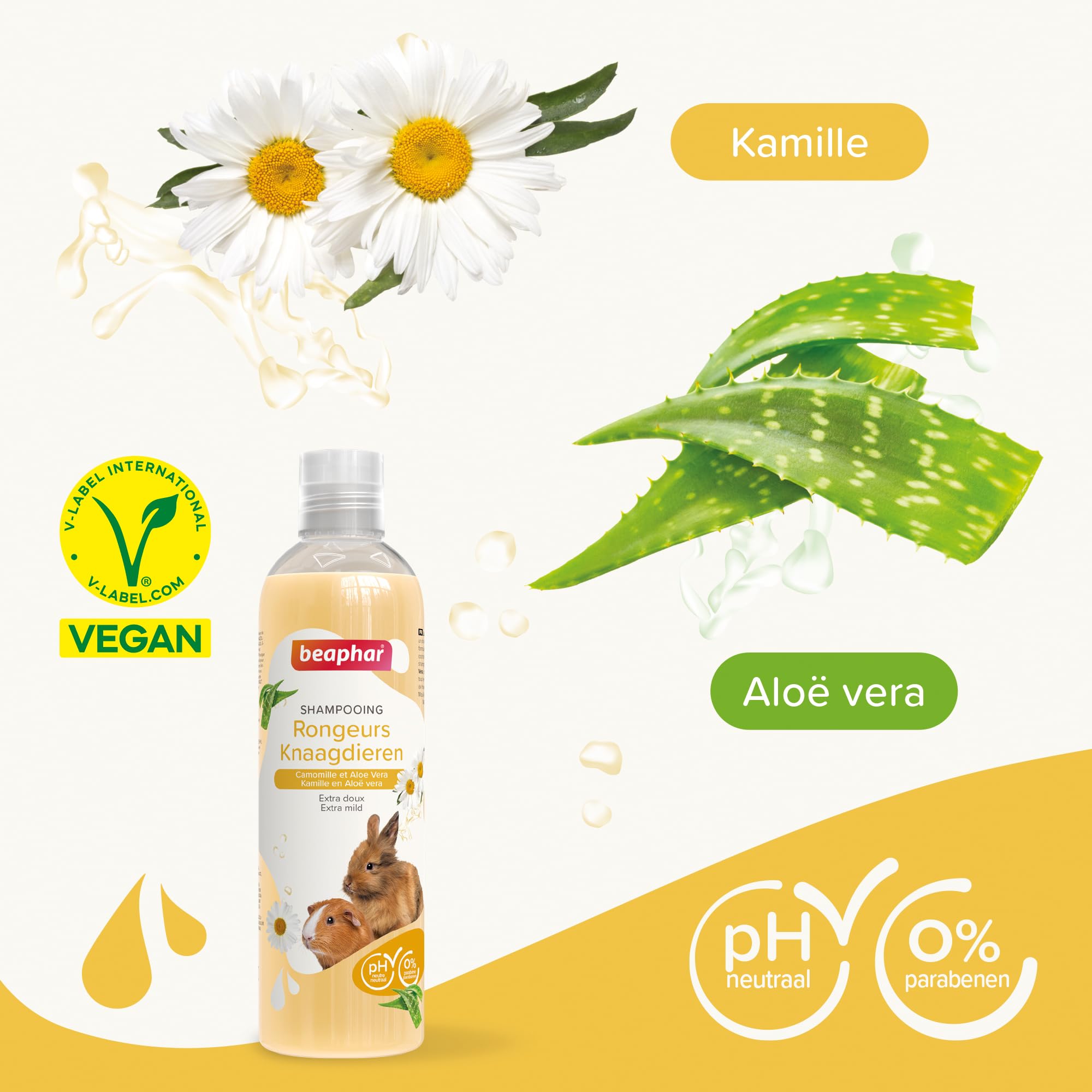 BEAPHAR – Shampooing Essentiel pour Lapin, Cochon d'Inde et Petits Rongeurs – Extra-Doux – Contient Camomille et Aloe Vera – sans parabène ni Silicone – pH Neutre – Produit Vegan – 250 ML