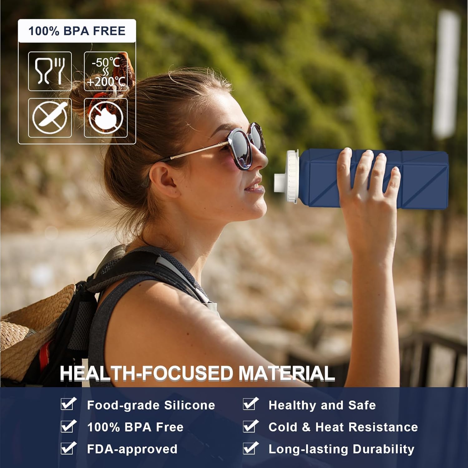 Collapsible Water Bottles 20.6oz 2 Pack, Silicone Foldable Portable Water Bottle, BPA-Free, Leakproof Reusable for Travel Camping Hiking Cycling Yoga Sports Outdoor (Blue+DarkBlue) — view 2