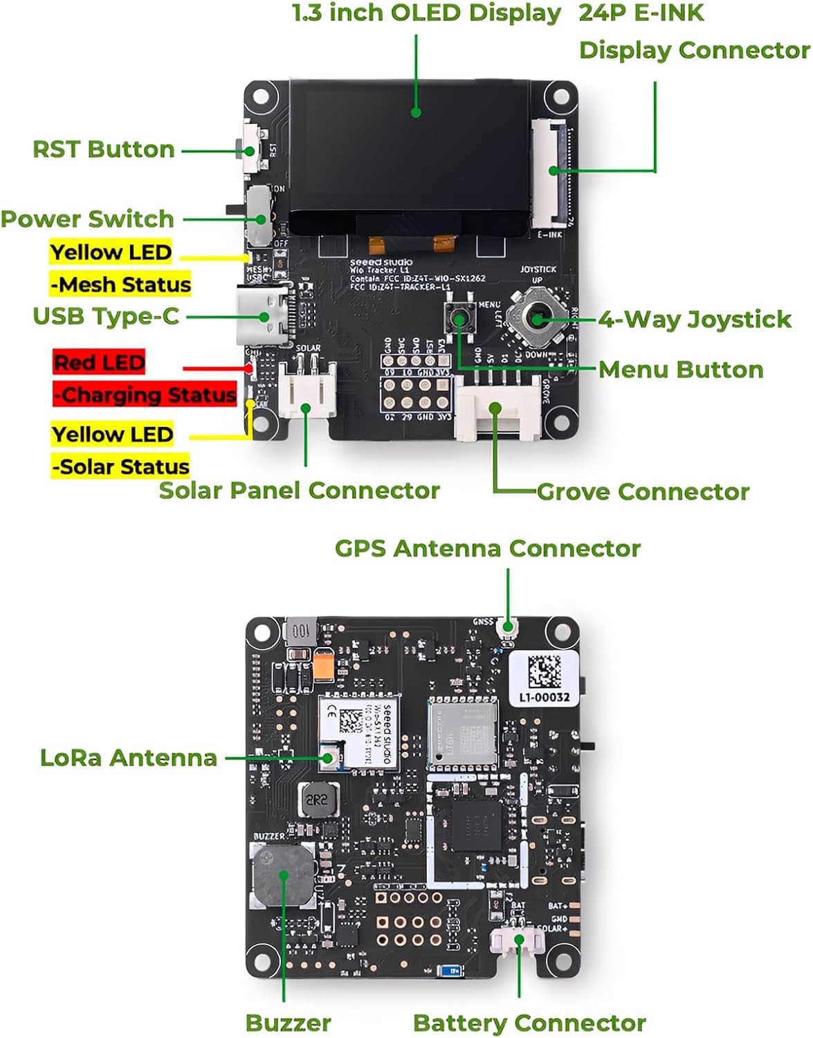 Wio Tracker L1 Board avec batterie 3000 mAh – SX1262 nRF52840 Kit pour AR duino Meshtastic LoRa, Blue Tooth 5.0, GPS GNSS, OLED 1,3", batterie de type C, charge solaire