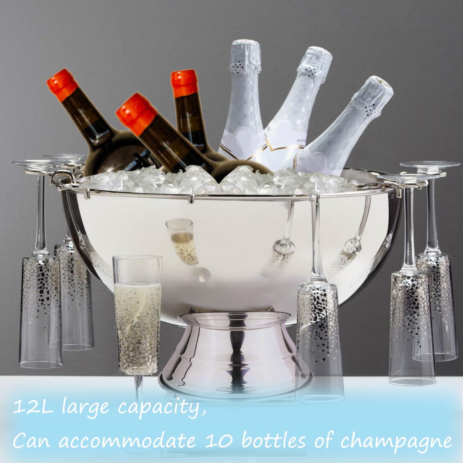 Cuenco grande para champán, 12 L, cubo de hielo con cuchara de acero inoxidable, cubo de hielo grande para fiestas, cuenco de hielo de gran tamaño para vino, cerveza, hogar, bar, celebraciones, 16