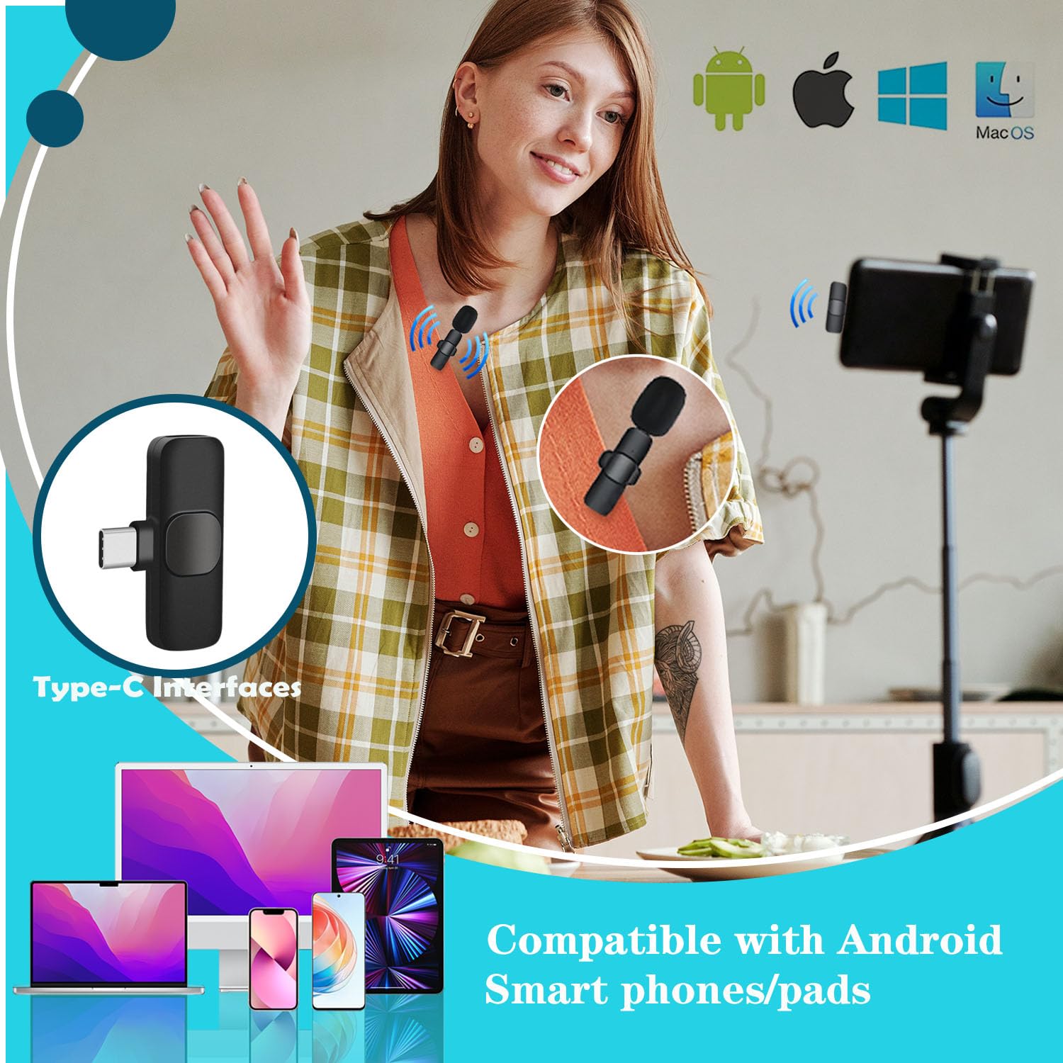 Microfono Wireless Androide (Tipo c) Mini Microfono Lavalier Doppio Microphone per YouTube/Live Stream/Vlog/Intervista/Videoregistrazione/Podcast, con Costruito in Chip di Riduzione del Rumore
