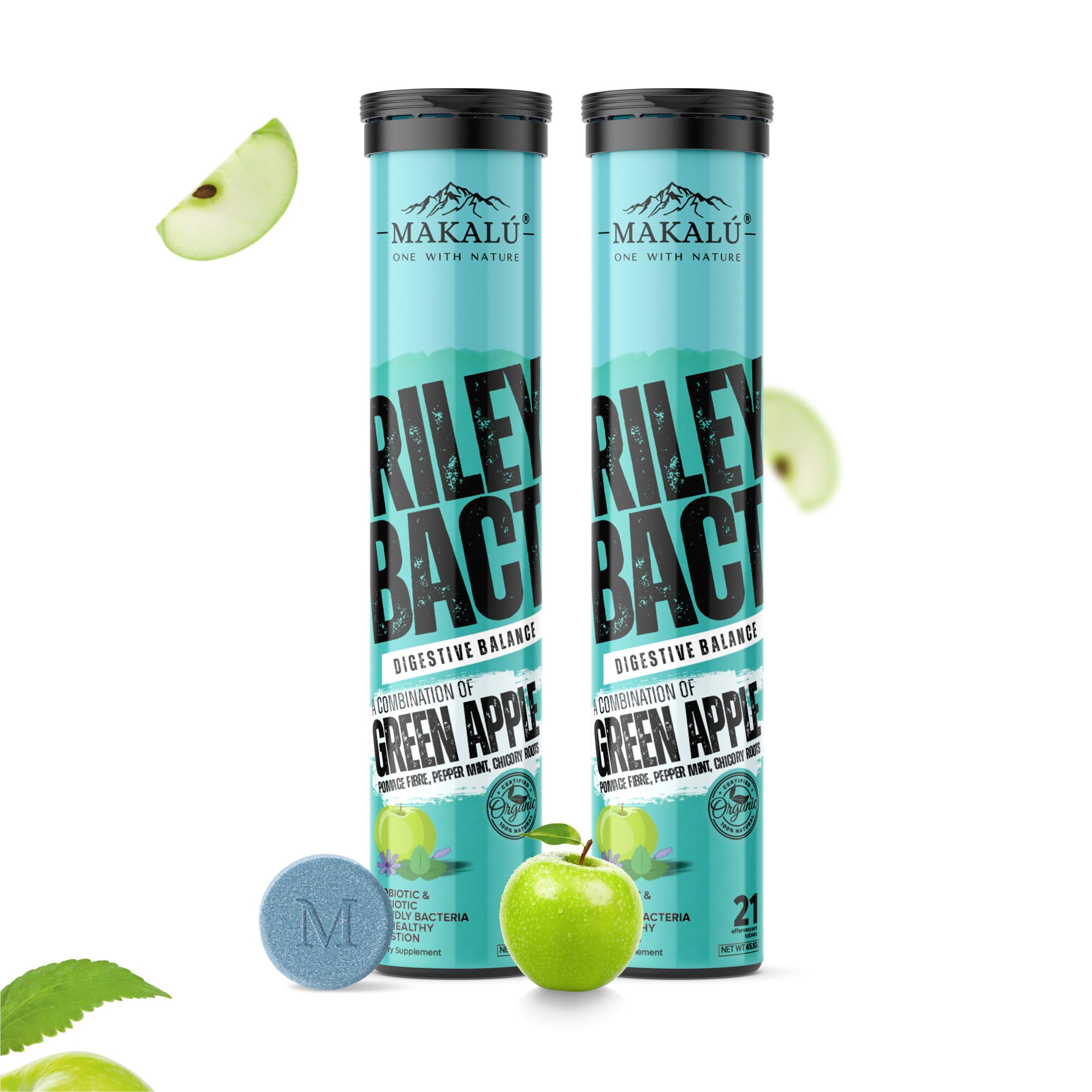 MAKALU ONE WITH NATURE Riley Bact Probiotic + Prebiotic 21 Effervescent Tablets 100% Organic Green Apple, Pomace Fibre, Pepper Mint & Chicory Roots | 100% Vegan, Gluten Free, Sugar Free (Pack of 2)