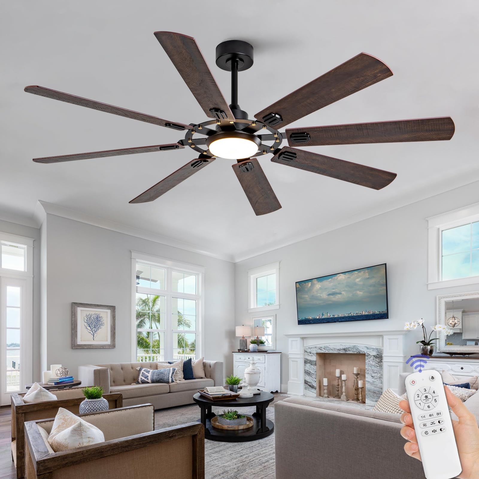 Dimmable 72 Inch Black Outdoor Ceiling Fans with Lights and Remote Control, 8 Blades Large Outdoor Ceiling Fans for Patios,Big Bedroom Ceiling Fan for Indoor Living Room