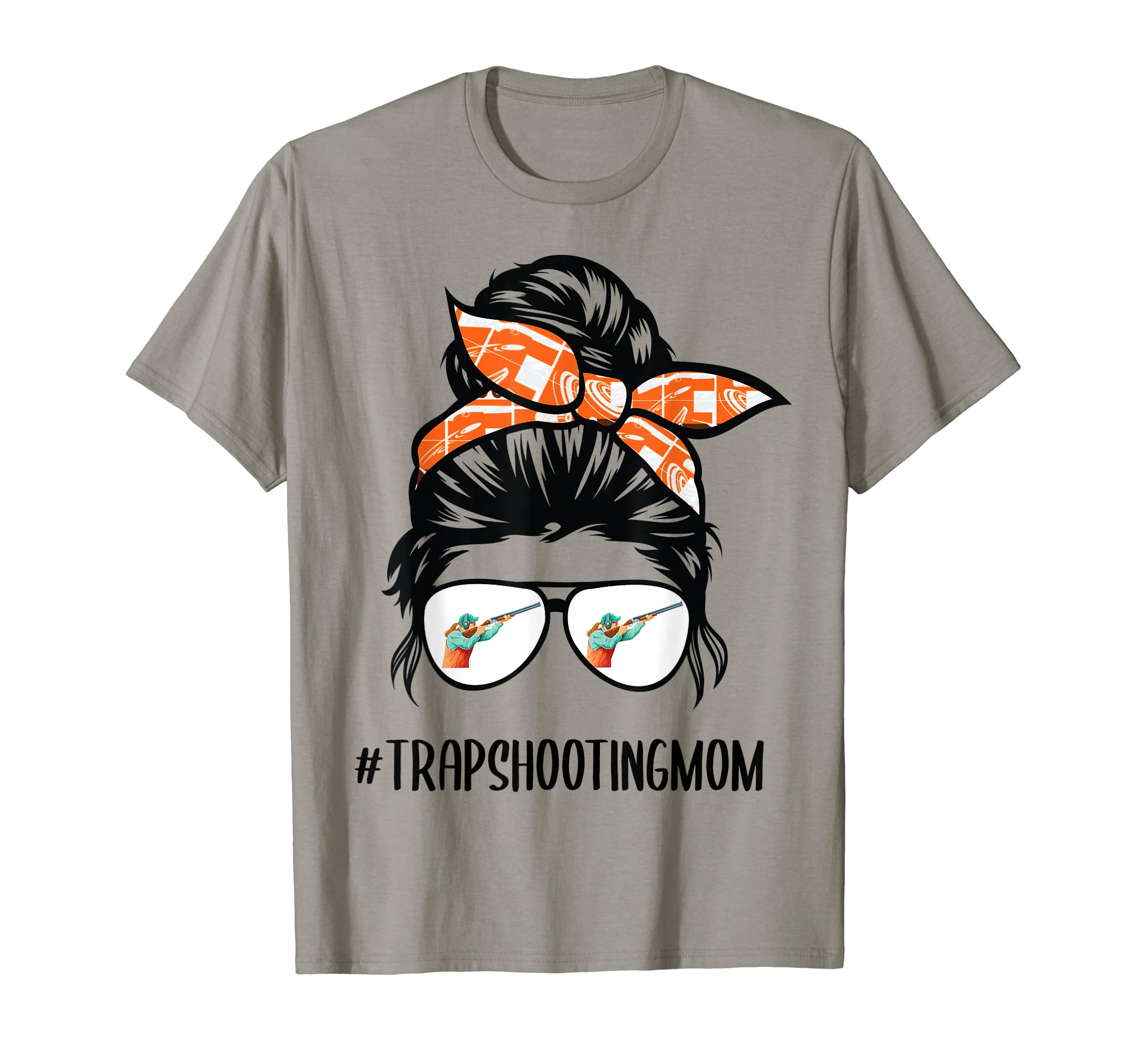 Trap Shooting Mom messy bun hair glasses T-ShirtOEKO-TEX STANDARD 100