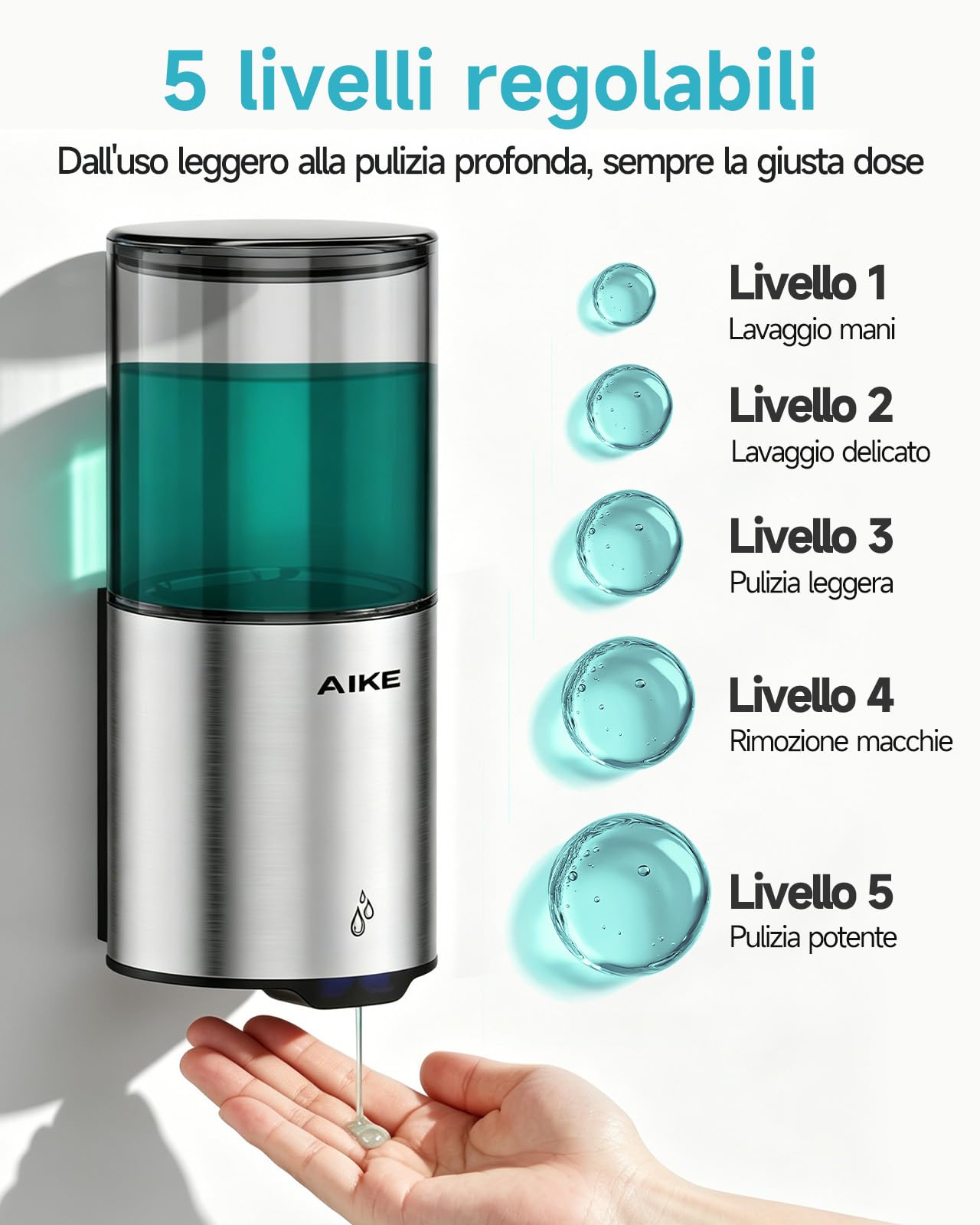 AIKE Dispenser Sapone Automatico, 400ML Liquido a Parete, IPX7 Impermeabile | Acciaio Inox Spazzolato, Sensore Touchless, 5 Livelli Volume, Montaggio Senza Fori, Doppio Montaggio, Facile Ricarica