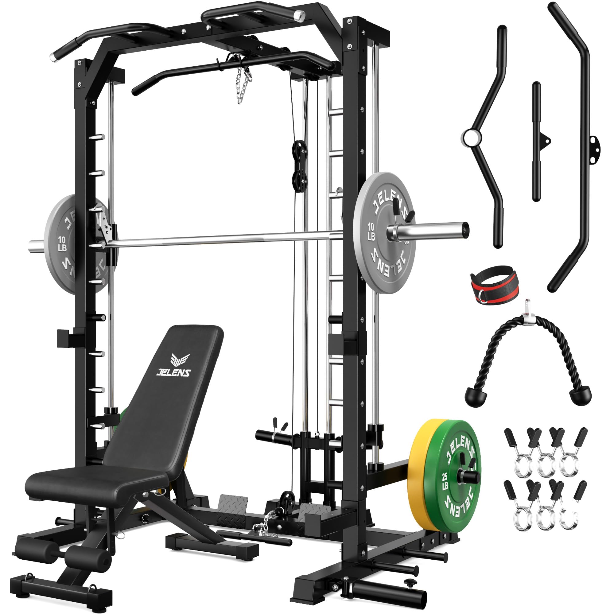 SR01 Smith Machine, 2000LBS Multi-Function Power Cage with LAT Pulldown System, All-in-One Home Gym Squat Rack with Smith Bar and Training Attachments for Full Body Workouts
