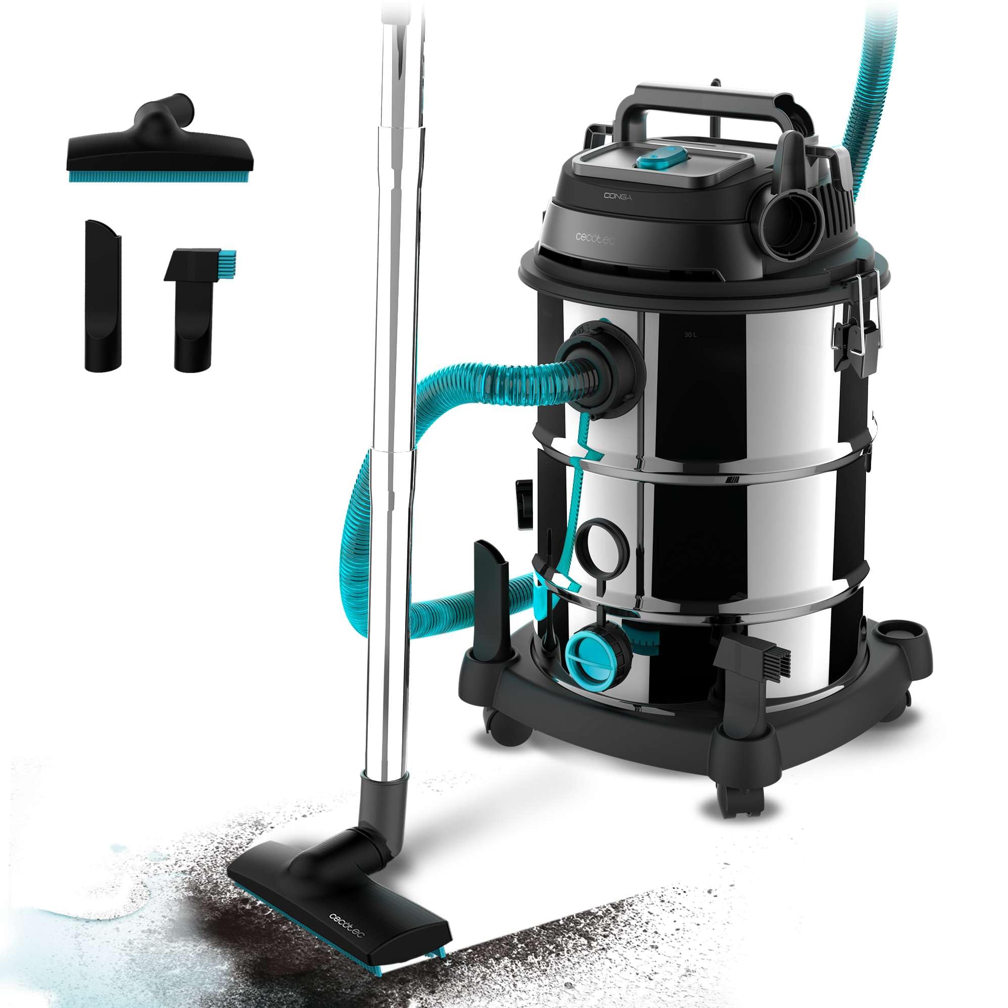 Cecotec Aspiratore per solidi e liquidi 30 L Conga Rockstar Wet & Dry Steel Pro. 1600 W, 23 kPa, Sistema di drenaggio, Aspirapolvere e soffiante, Struttura in metallo, Ruote, Raggio d'azione 5 m