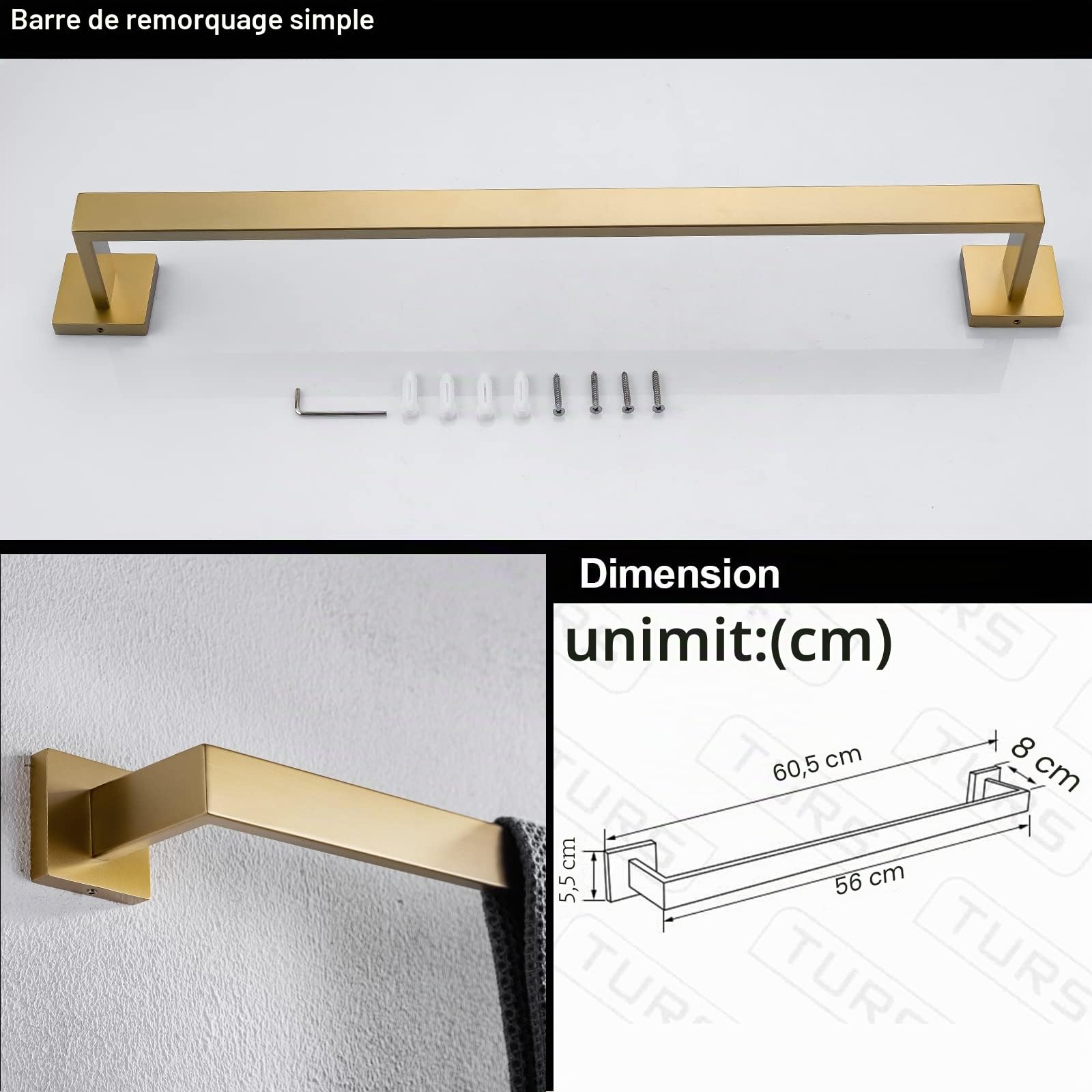 TURS Q7GD-4PC-60CM Lot de 4 accessoires de salle de bain en acier inoxydable carré porte-serviette, fixation murale, or brossé, Q7GD-4PC-60CM