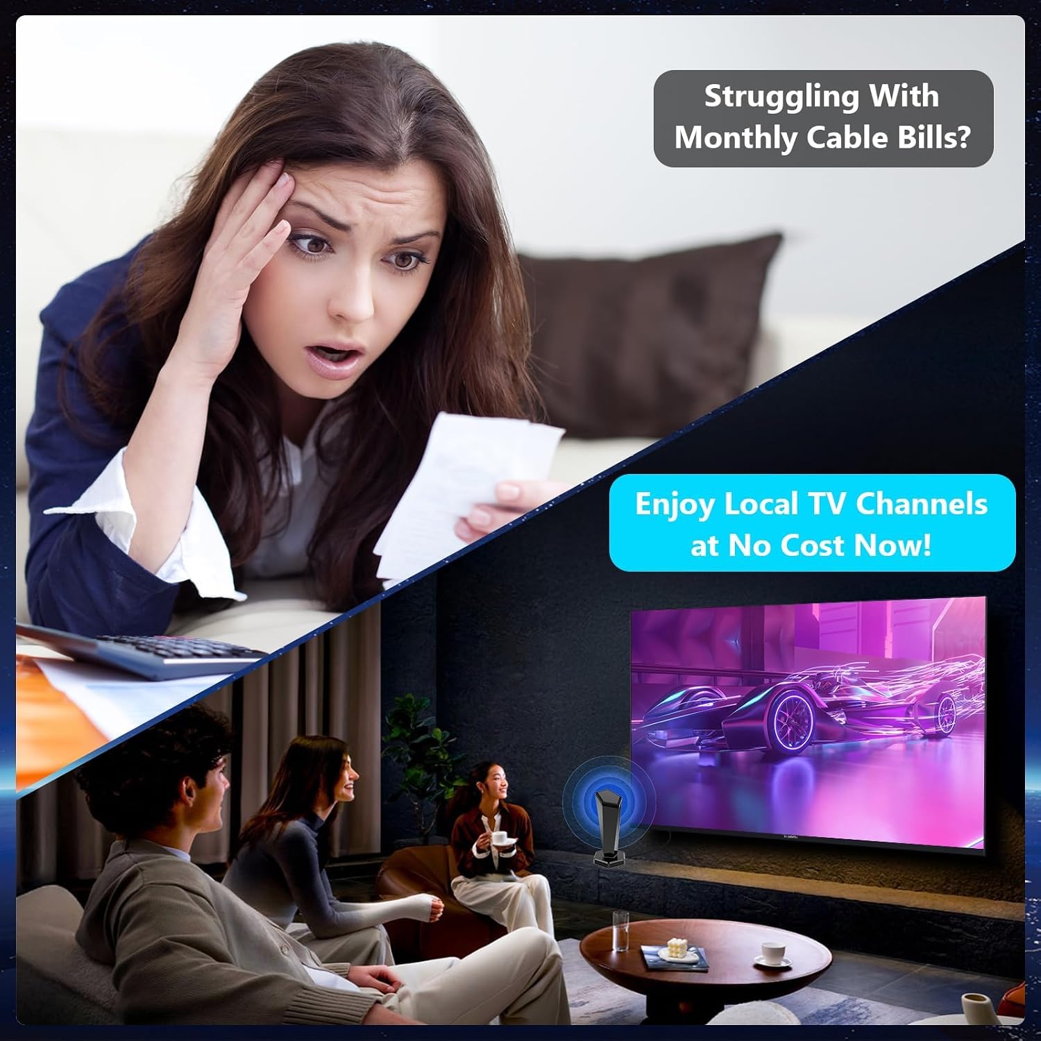 TV Antenna for Smart TV Indoor, Digital Antenna for Local Channels, Strong Magnetic Base, Easy Installation, 360° Long Range Reception, 4K 1080P, 8.5-ft Long Cable (Black)