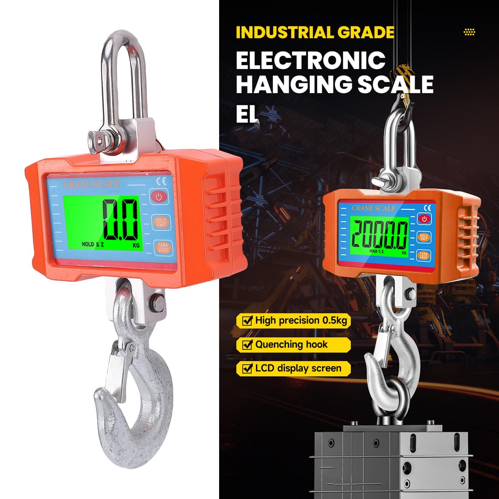 Jectse Échelle de Grue Numérique, 2000KG/4400lb Balance Suspendue avec Rétro-éclairage LED, Données de Contrôle à Distance Précises Tare Reset pour les Fermes Industrielles, Usine