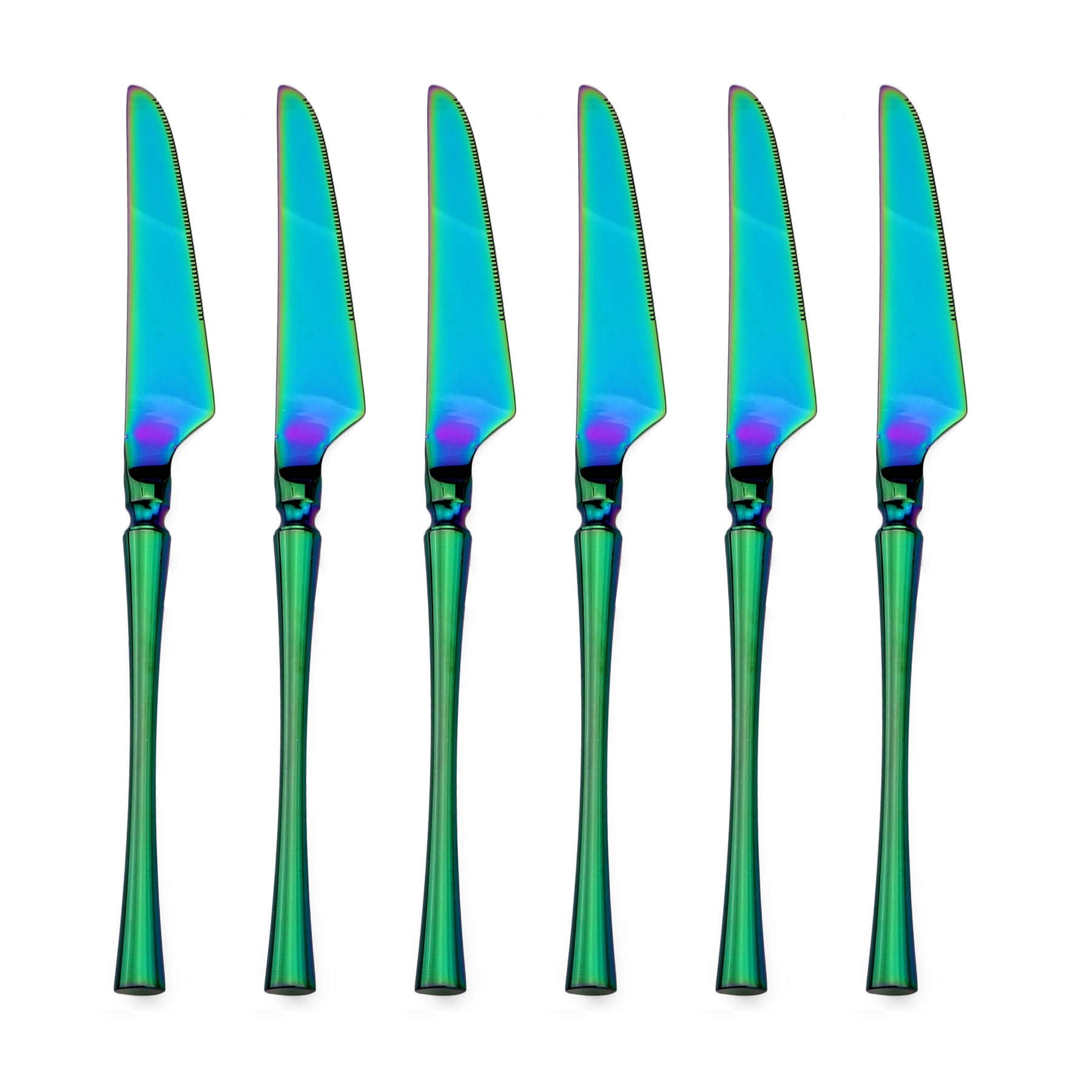 BRIIEC 8.86 Inches Colorful Dinner Knives Set, 18/10 Stainless Steel Rainbow Flatware Set, Pack of 6