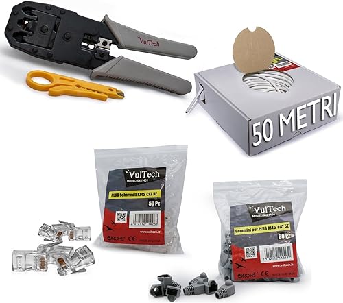 KIT PINZA CRIMPARE CRIMPATRICE CAVO RETE 50MT PLUG GOMMINI VULTECH