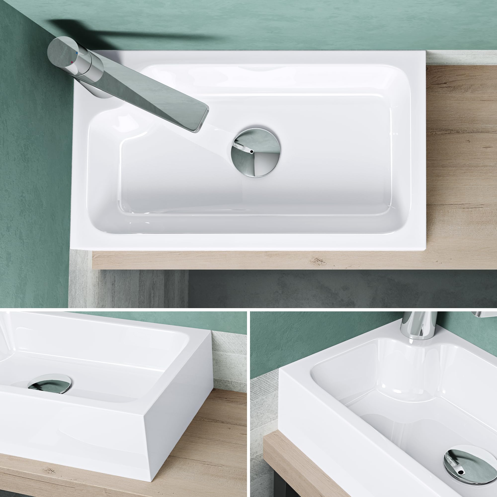 Mai & Mai Lavabo sobre Encimera 46x26x11 cm – Rectangular, Blanco Brillante, Mármol Fundido, Orificio Izquierdo para Grifo, sin Rebosadero, Colossum101