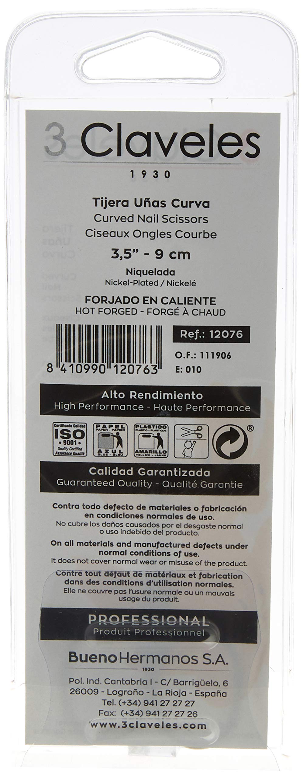 3 Claveles Tijera Para Uñas, Curvas, Acero Carbono, 3.5", color Gris, 35 g