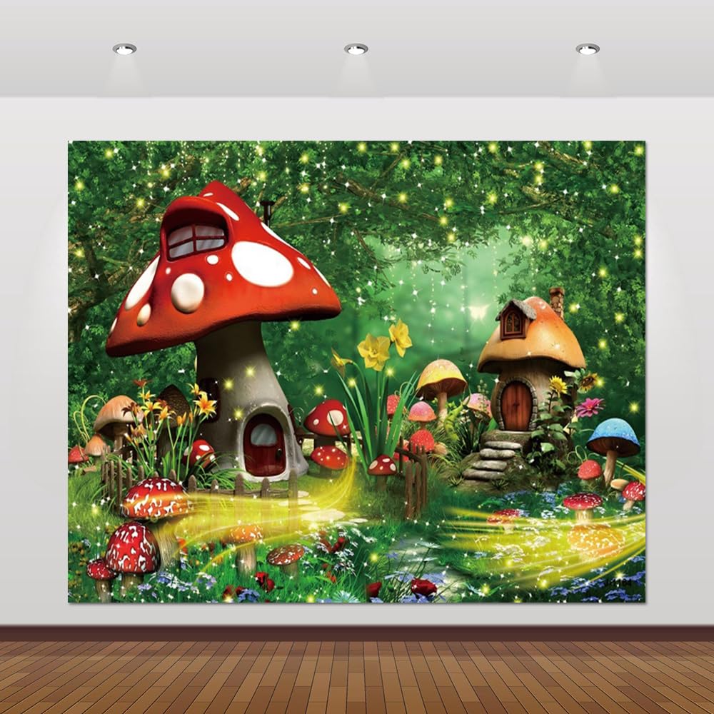 Amazon | 魅惑的な森の背景幕 ファンタジー キノコ 木 ホタルの花