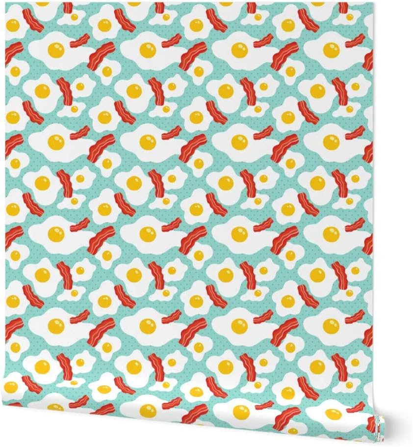 Spoonflower Commercial Grade Wallpaper 27ft x 2ft - Egg Bacon Breakfast Food Blue Morning Fat Pattern Kitchen Chicken Traditional Wallpaper