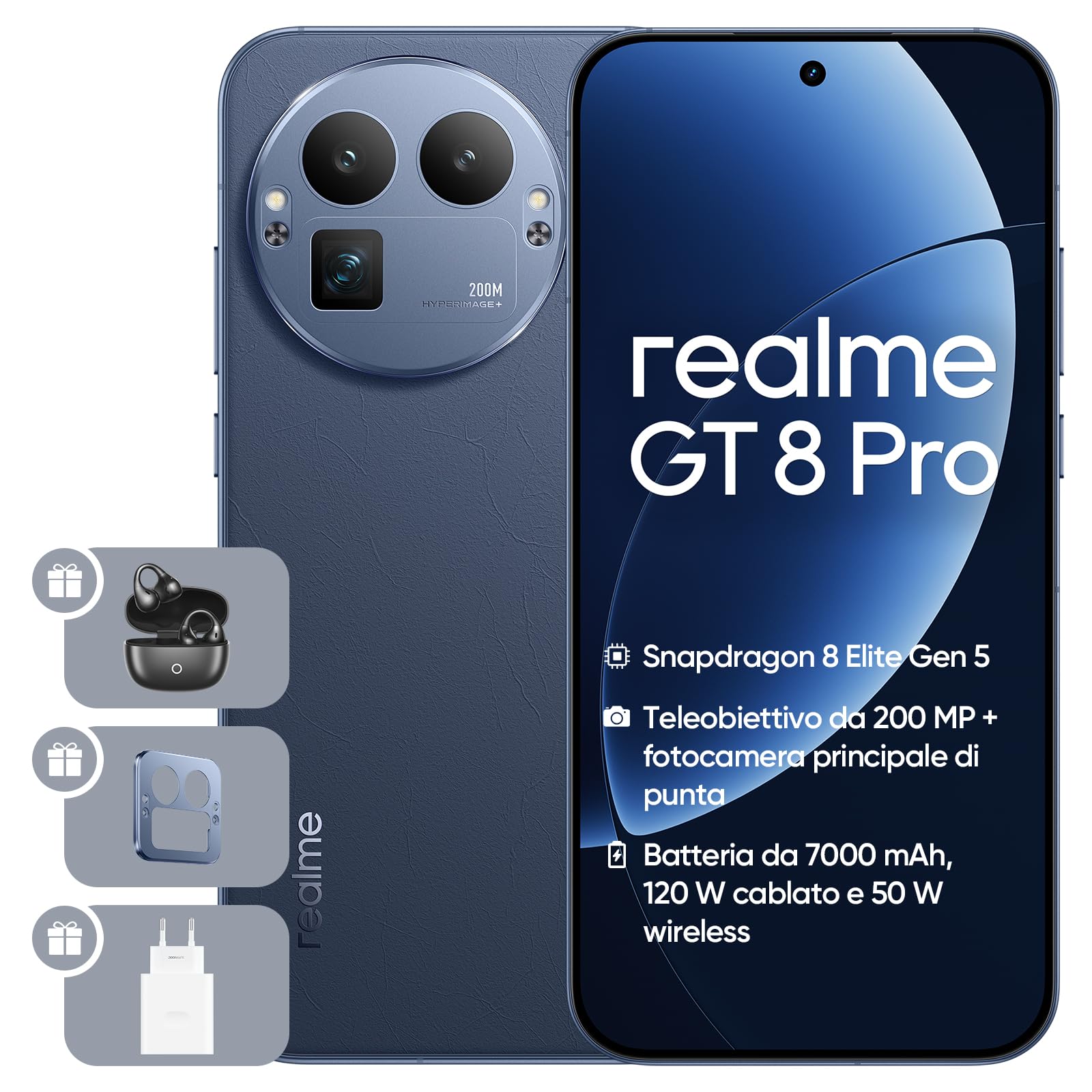 realme GT 8 Pro Smartphone 12GB+256GB, Sistema della fotocamera RICOH GR, Nitidezza ultra da 200 MP Fotocamera del telefono, Snapdragon 8 Elite Gen 5, Batteria Titan da 7.000 mAh, Blu(con adattatore)