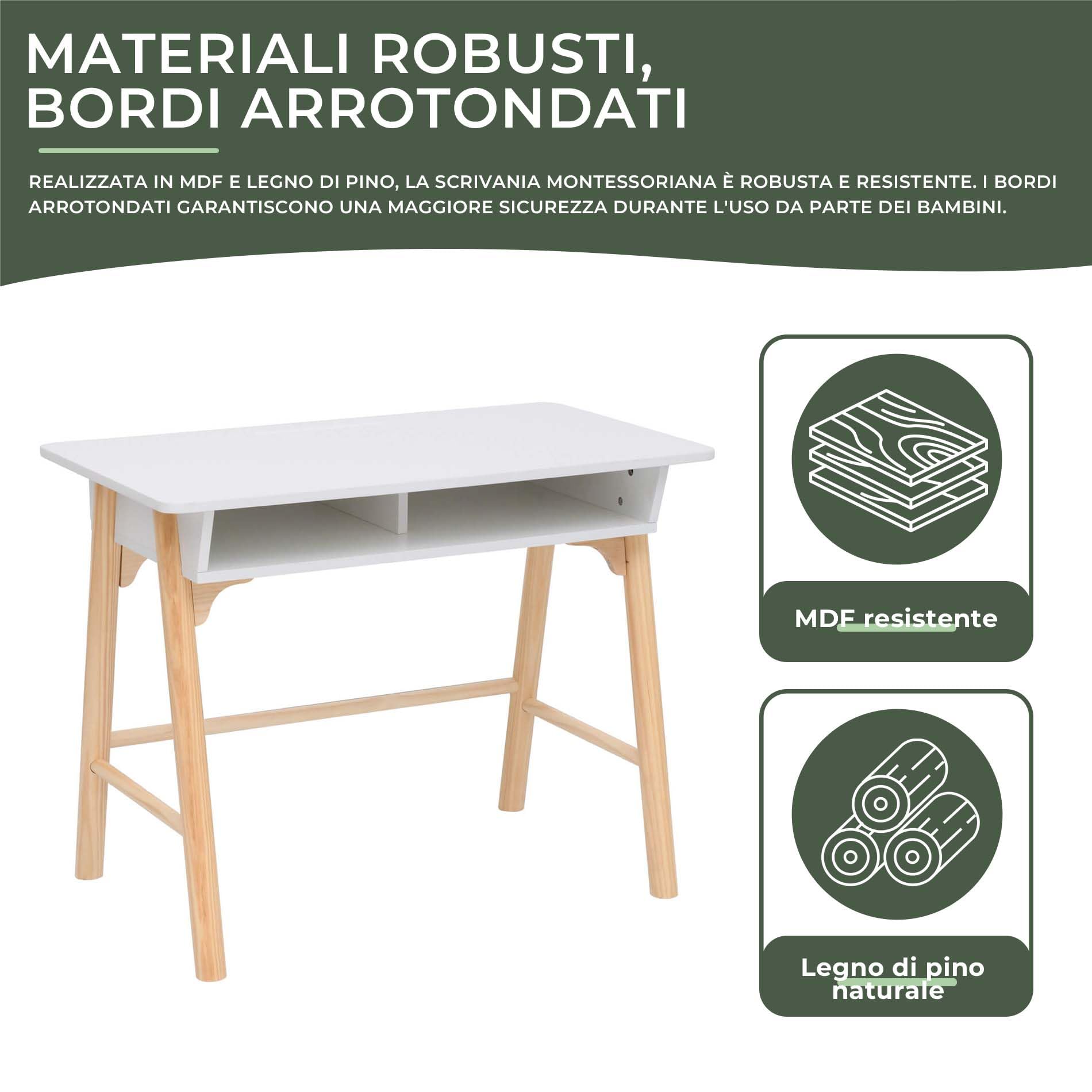 Rebecca Mobili Scrivania per Bambini, Tavolino Montessoriano, Bianco Marrone, MDF Pino, con Vano, Bordi Arrotondati - Misure HxLxP: 70 x 90 x 50 cm - Art. RE7134