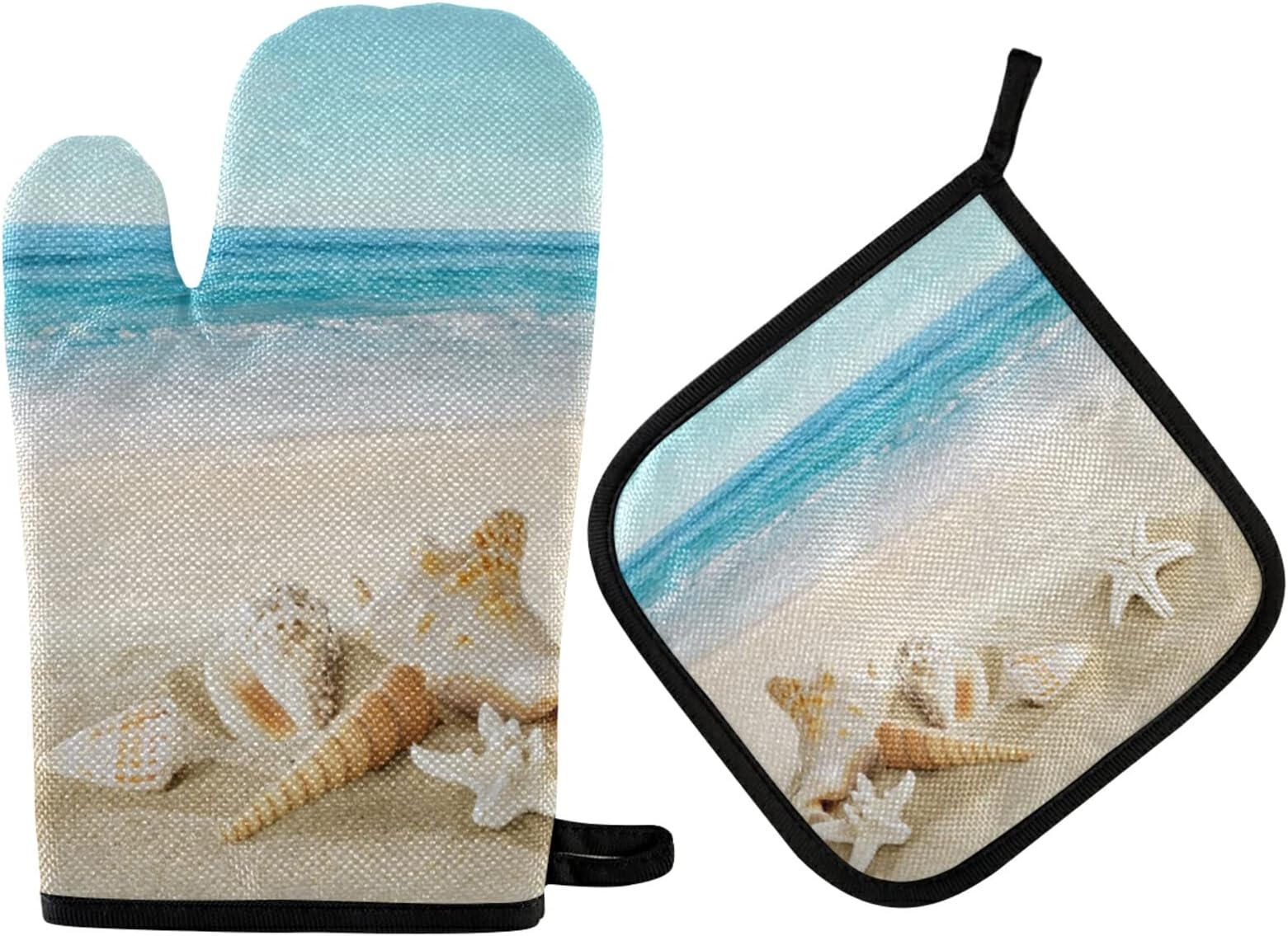 Beach Theme Summer Oven Mitts and Pot Holders Set Starfish Shells Sand Hot Pads&Gloves 2PCS Potholders for Spring Seasonal Kitchen Cooking Baking BBQ