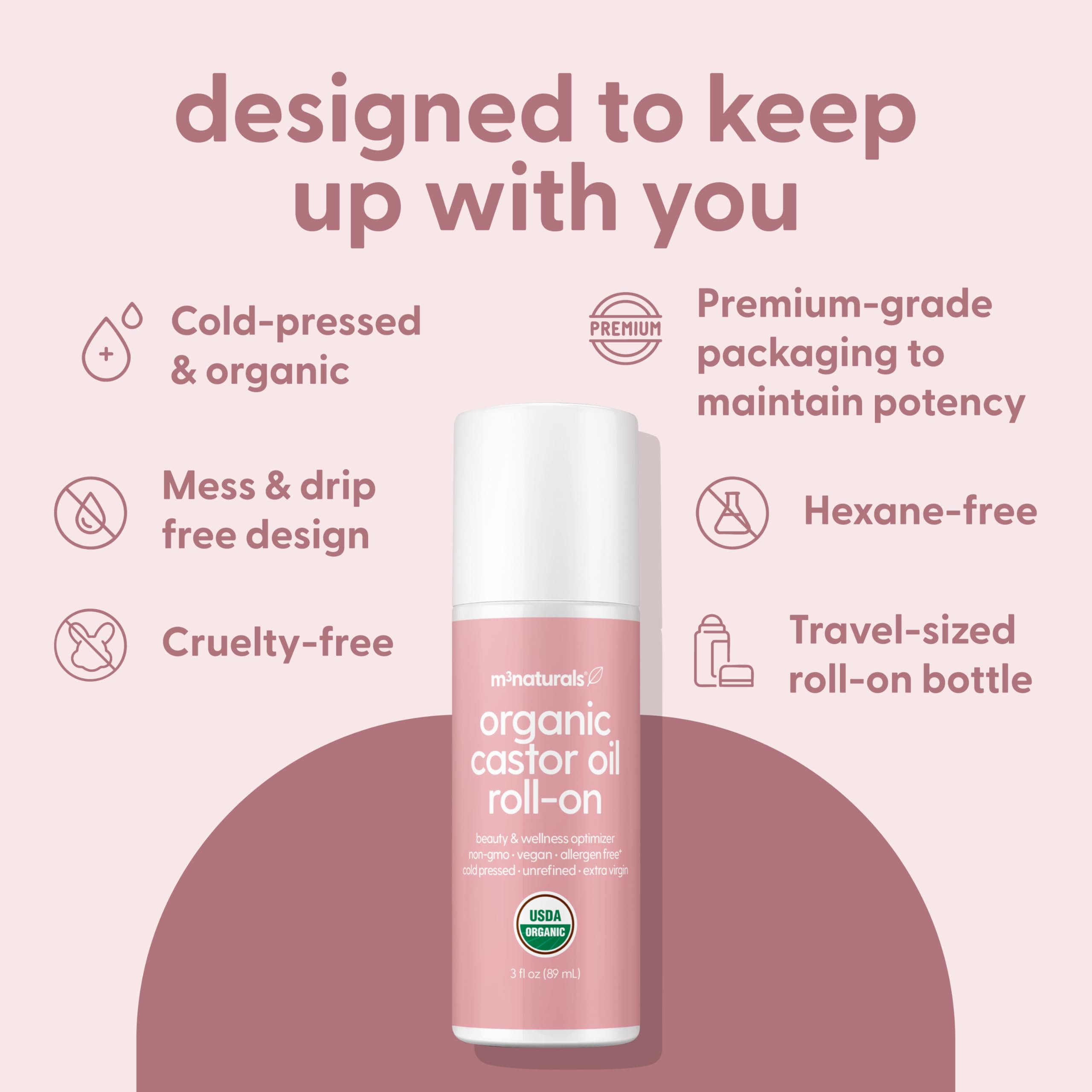 Organic Cold Pressed Castor Oil Roll-On Nourishing Treatment| Hexane-Free, USDA Organic Idea for Hair, Skin & Brows | Mess-Free Applicator, 3 fl 0z (89 mL) by M3