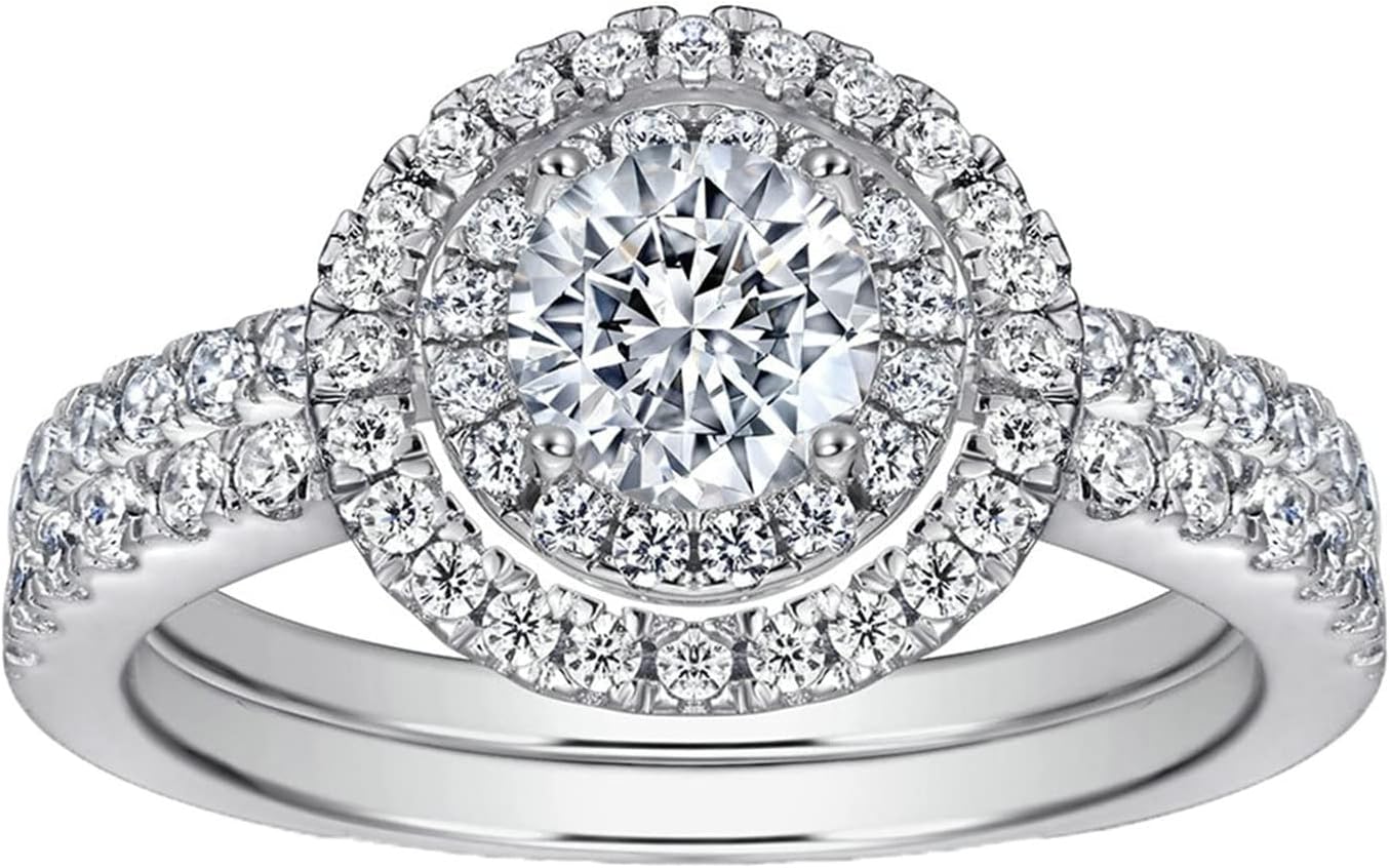 925 Sterling Silver Rings for Girls Woman Ring Wedding Halo 2 Ring Set Round Cubic Zirconia Women Ring Jewelry Size 5-10