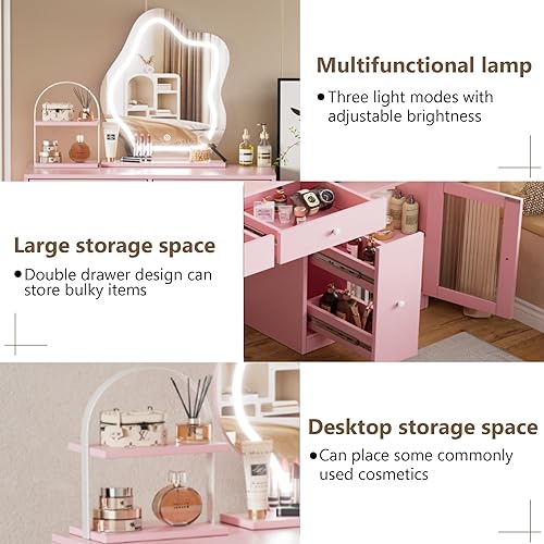 Miniatura 6 de PAKASEPT Escritorio de maquillaje rosa con espejo y luces, mesa de maquillaje con mucho almacenamiento, 3 modos de iluminación, brillo ajustable,