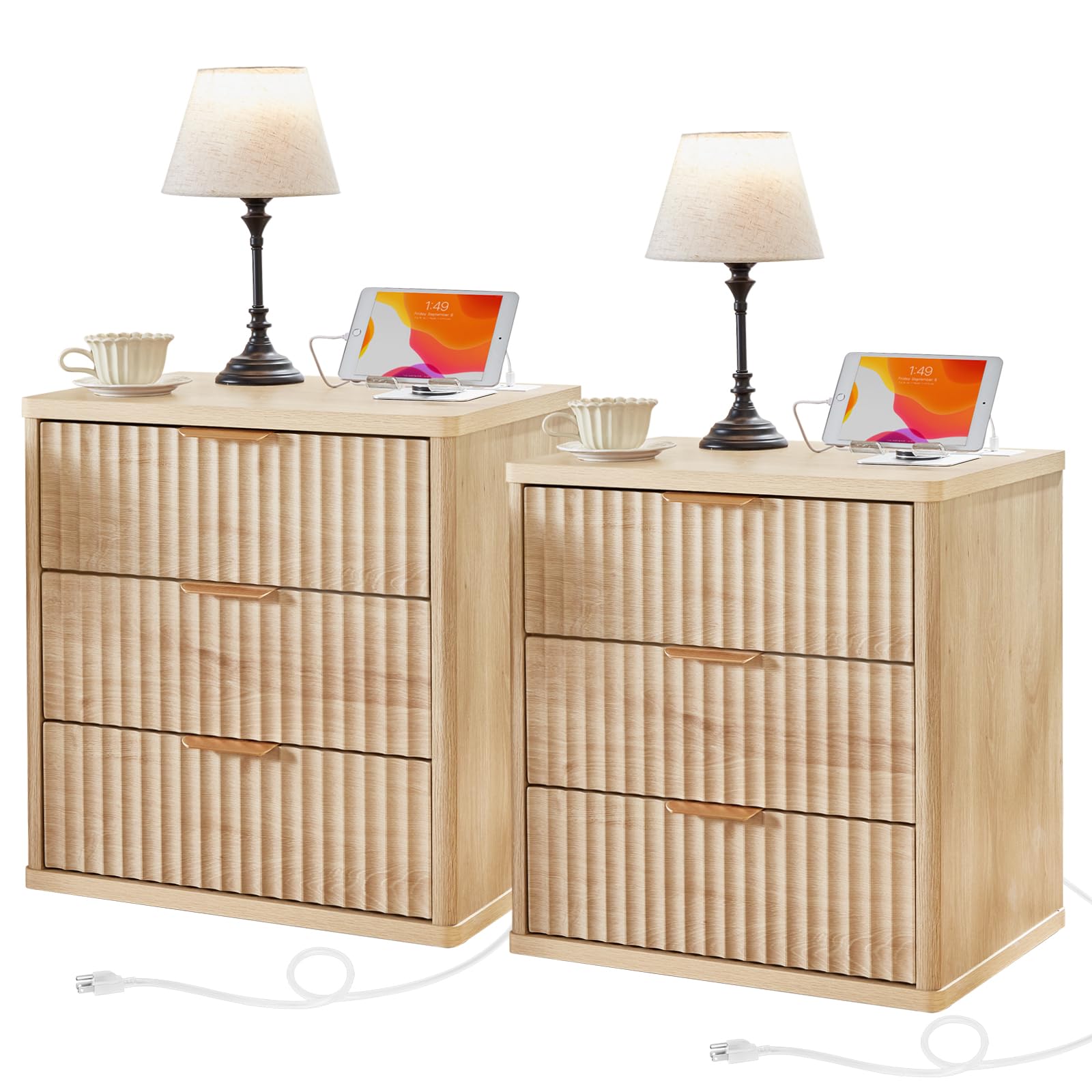 Lerliuo 23" Fluted Farmhouse Nightstand Set of 2 with Charging Station, 3 Drawers Bedroom End Table
