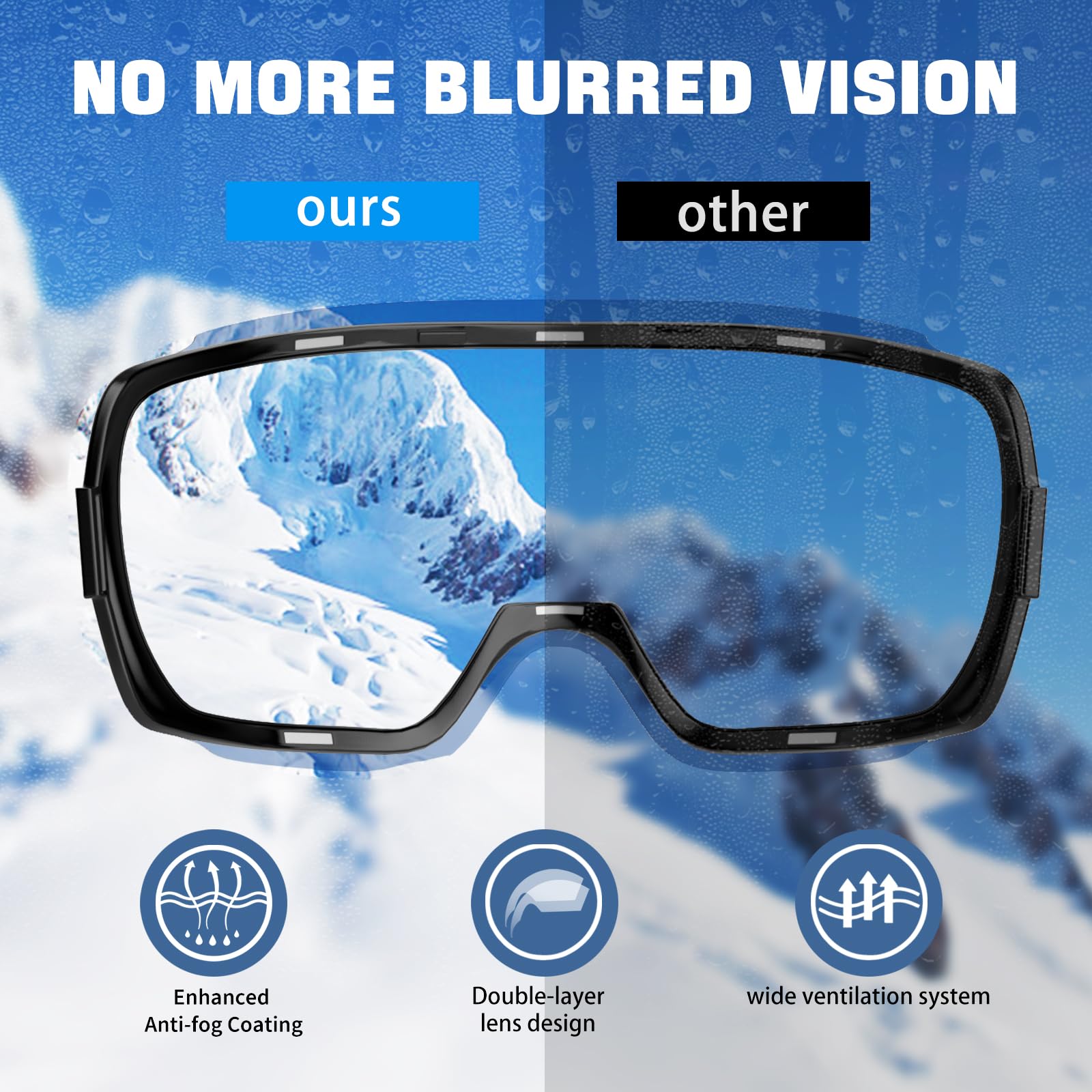 COOLOO Occhiali da neve/sci, occhiali da snowboard per uomo, donna, giovani, lenti magnetiche, senza cornice, anti appannamento, protezione UV al 100%
