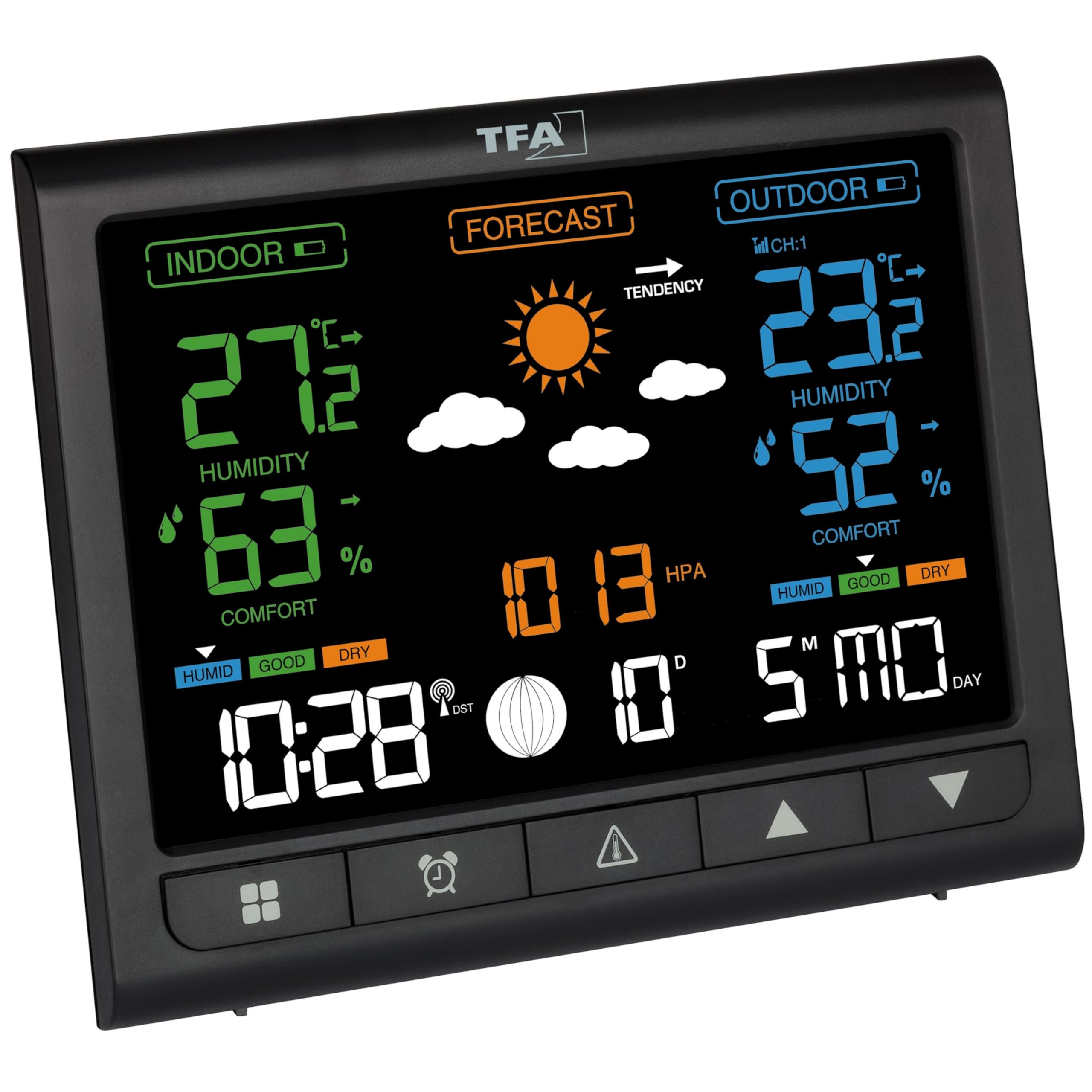 TFA Dostmann stazione meteo con sensore esterno con display VA Contrast, 35.1171, termometro e igrometro per interni/esterni, previsioni meteo, allarme temperatura, orologio, nero