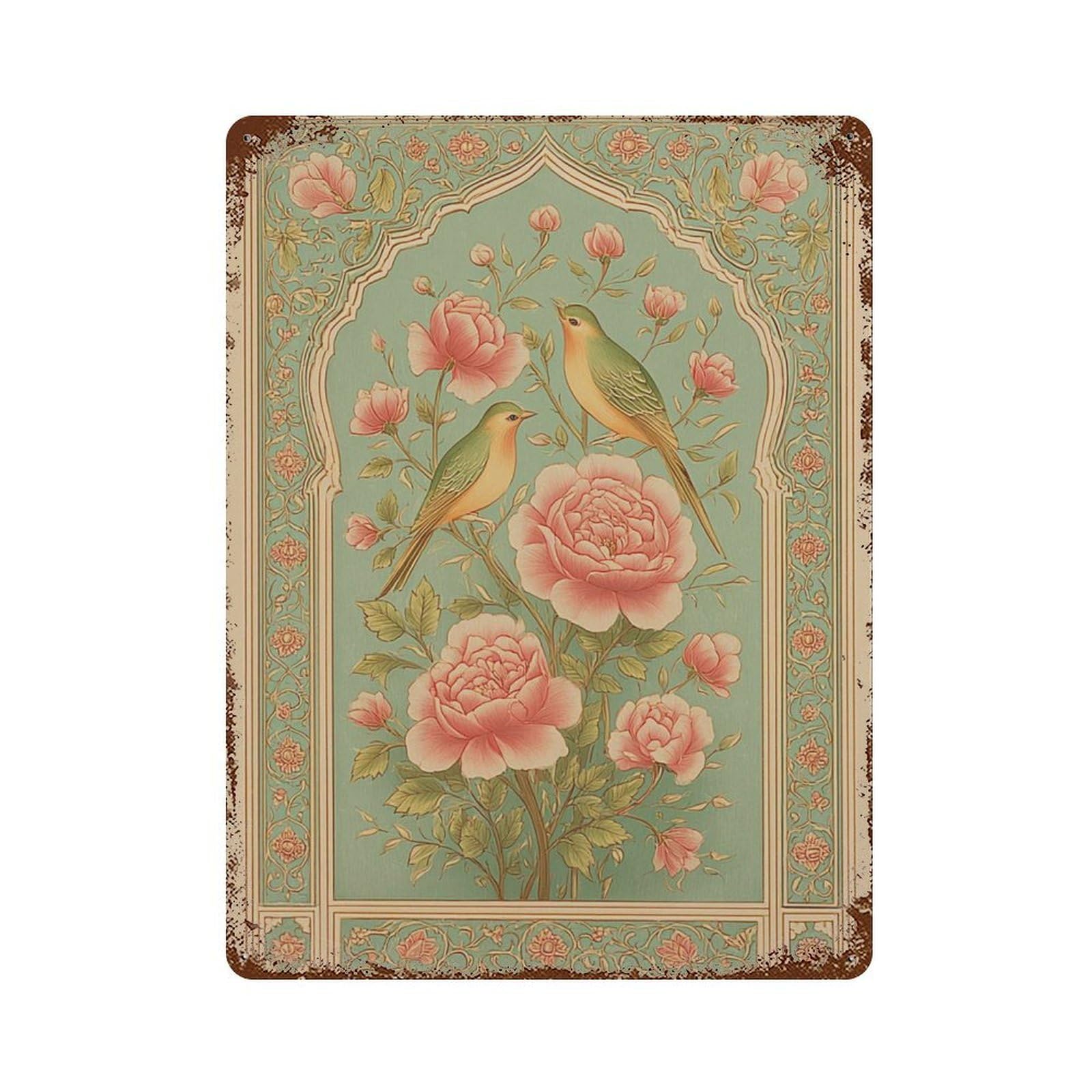 xiaoxiaoshen Persian Bird And Floral Botanical Oriental Pattern Exotic Peony Green Gold Wall Decor Art Metal Tin Poster Modern Home Decor Art Home Bar Shop Decorations Vintage Sign 40x30cm