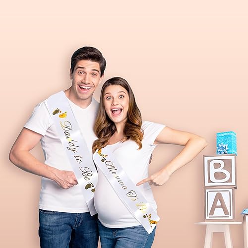 Miniatura 4 de Paquete de bandas para baby shower "Momma To Be" y "Daddy To Be", con bonita imagen de cigüeña (letras blancas y doradas), decoraciones de fiesta de