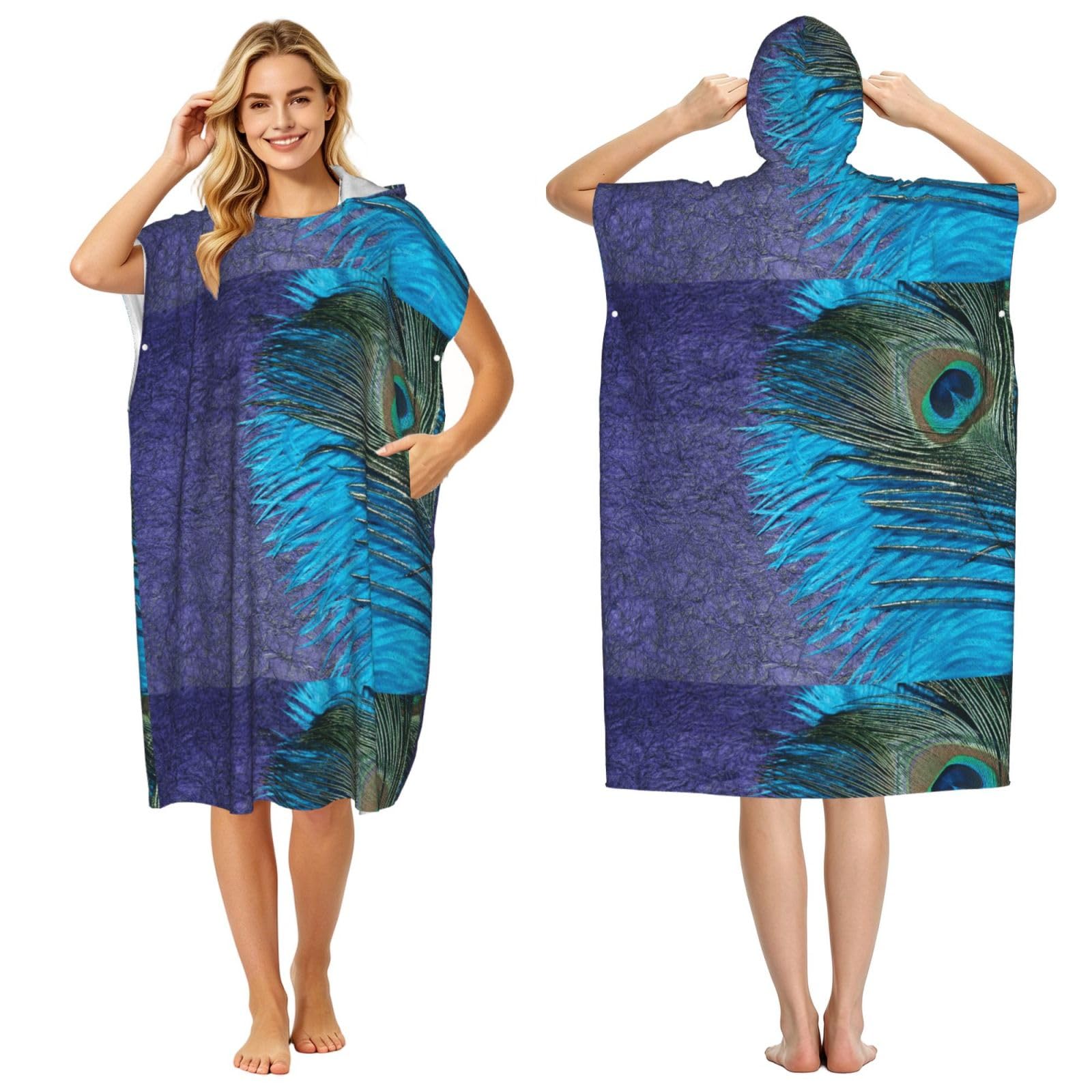 Poadnly Purple And Teal Peacock, Adult Hooded Beach Towel 90 x 110 cm,Changing Bath Robe, Surf Poncho Towel For Women Men