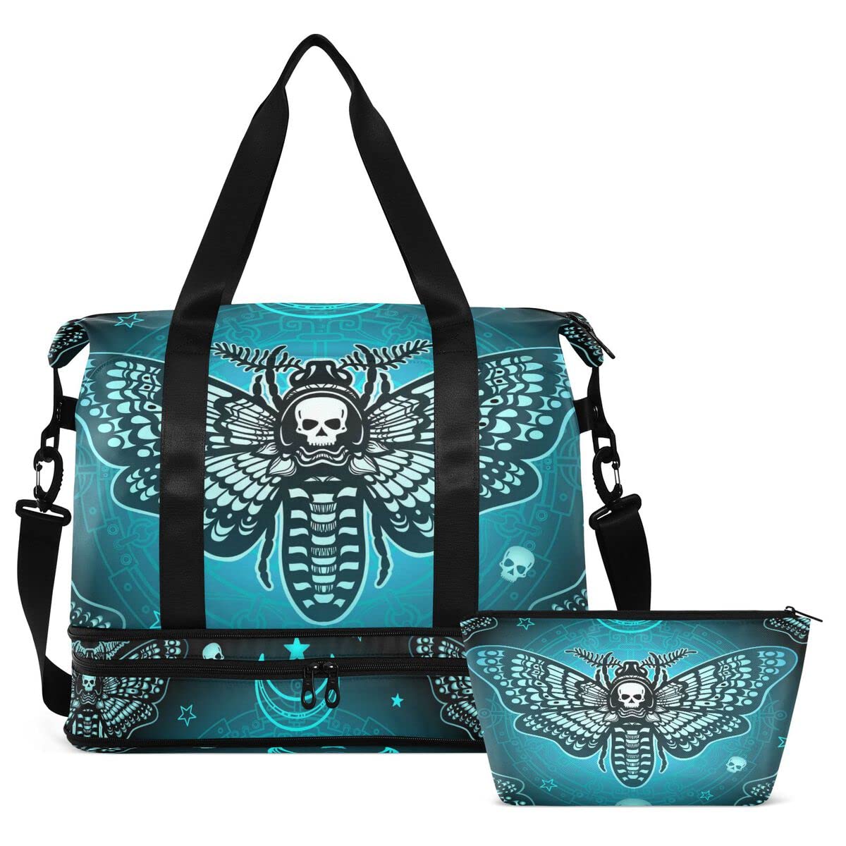 Travel Duffel Tote Bag Butterfly Skull Boho Sports Duffel Bag with Wet Pocket Weekender Overnight Bag for Women Men Gym Bag, Carry On Bag Hospital Bag for Labor and Delivery