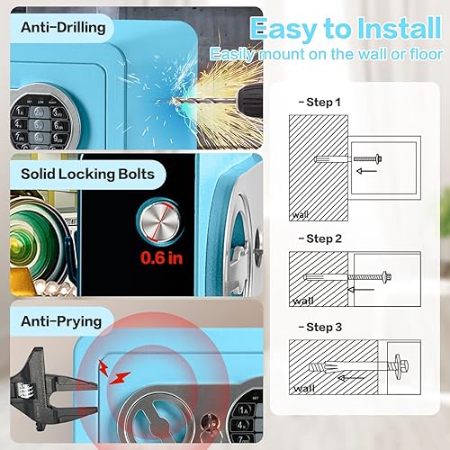 Miniatura 7 de Caja fuerte de 0.23 pies cúbicos, pequeña caja fuerte con bolsa ignífuga, llaves y código de pase, caja de seguridad electrónica digital para