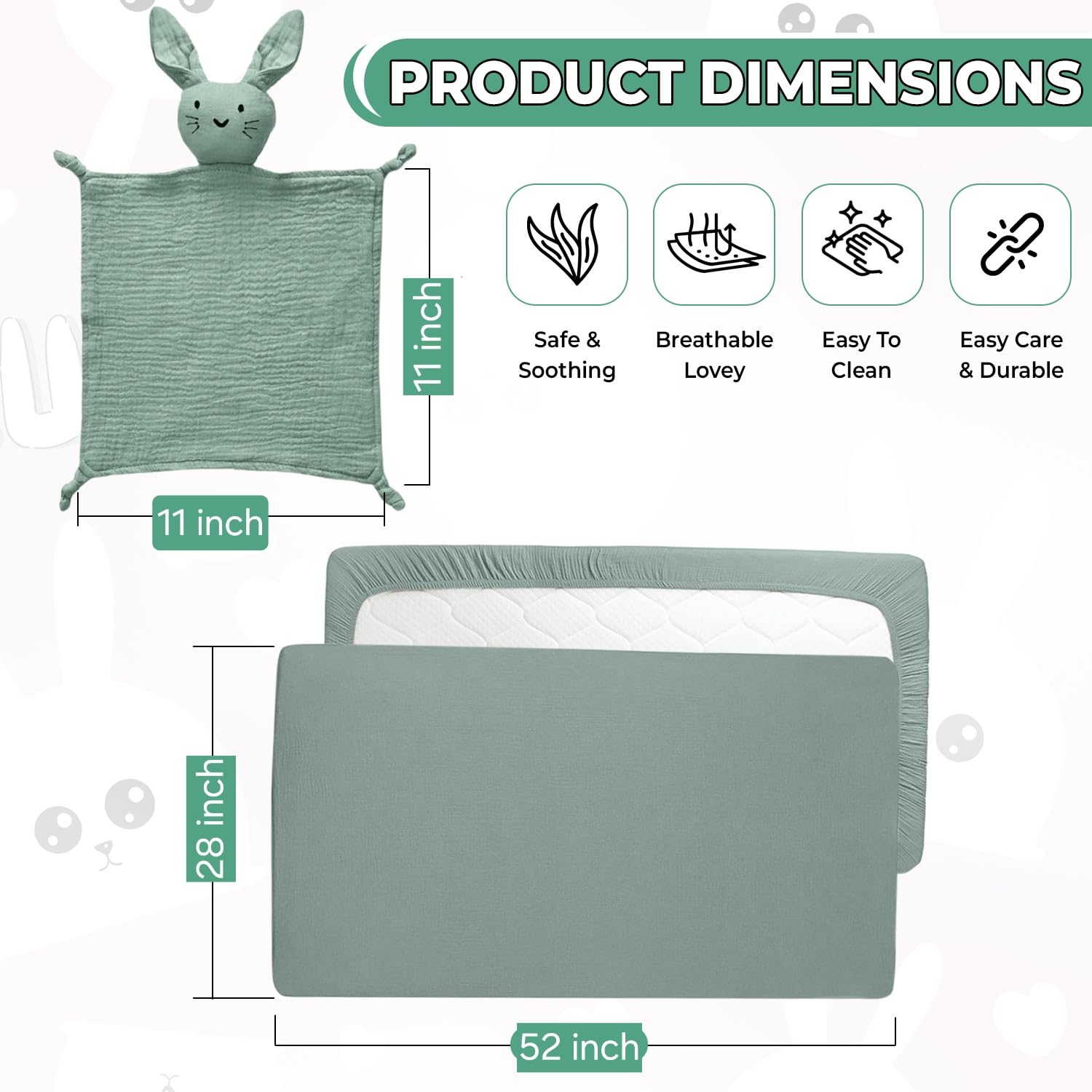 100% Cotton Muslin Crib Bedding Set - Green Fitted Crib Sheet & Security Baby Blanket | Newborn Essentials, Baby Bed, Baby Boy/Baby Girl Toys, Toddler Essentials, Baby Registry 2