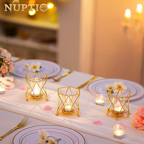 Miniatura 2 de NUPTIO Portavelas geométricos dorados 6 piezas de mesa de té de boda con taza votiva de vidrio a granel moderno geométrico candelita portavelas para