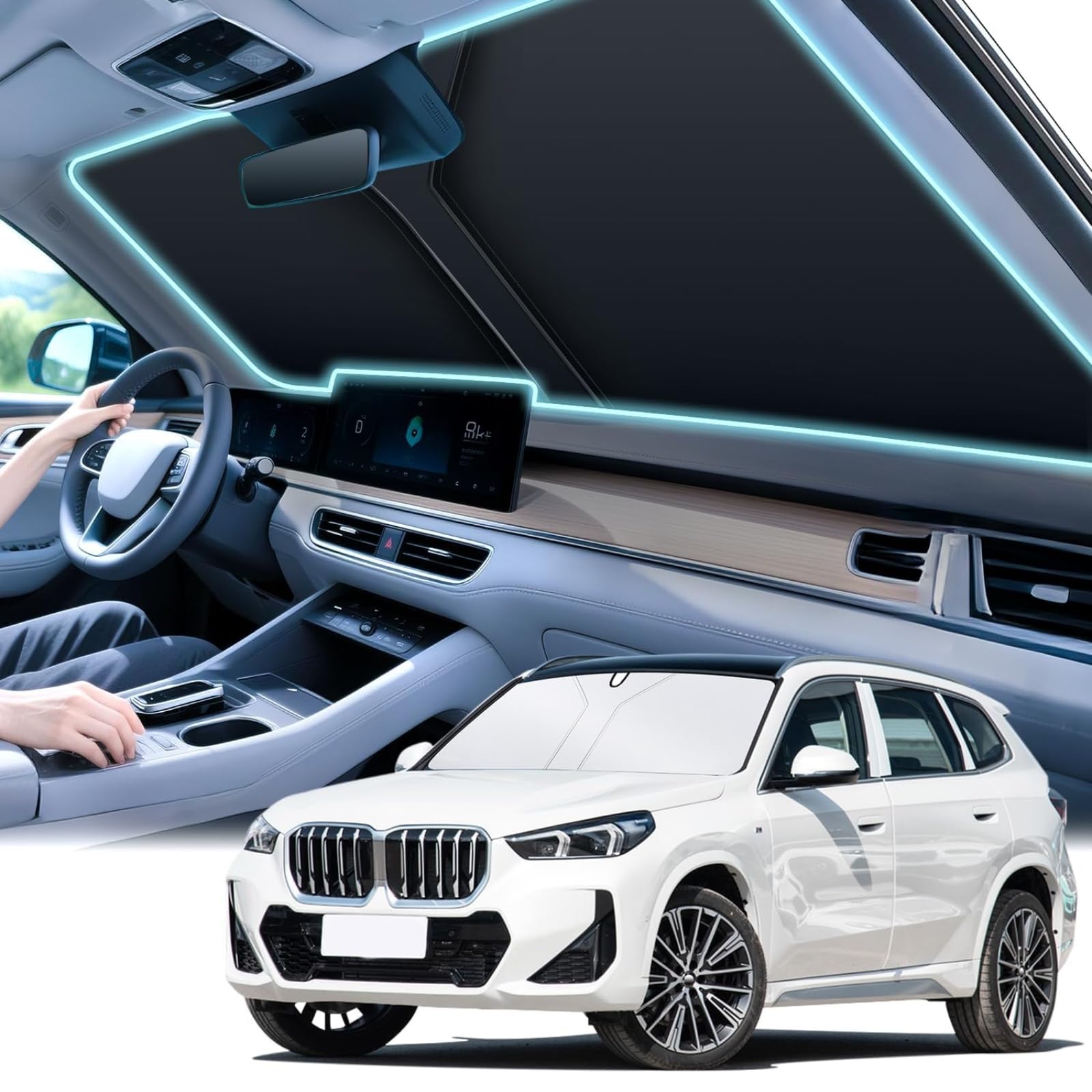 Car Windshield Sunshade Thickened Material for High Sun Protection Blocks UV Rays Keeps Vehicle Cool, Universal Fit for Cars, Sedan SUV Hatchback Includes Storage Bag