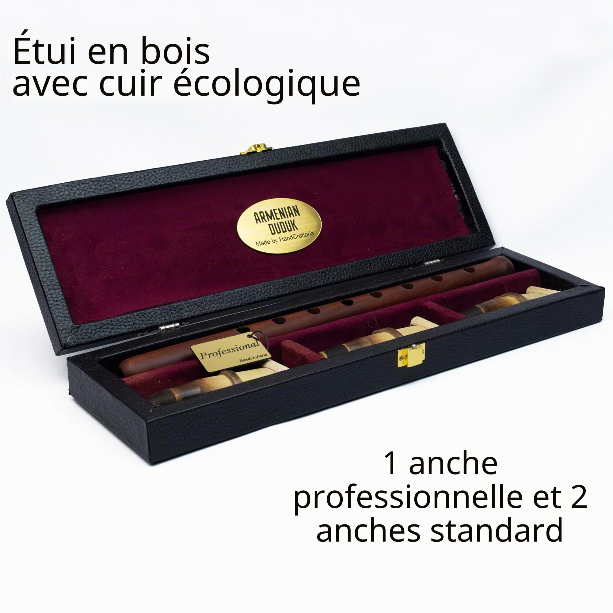 HandCraftoria Outil professionnel arménien DUDUK en bois d'abricot, étui en bois cuir, 1 anche professionnelle 2 standard, flûte hautboe balaban clé A