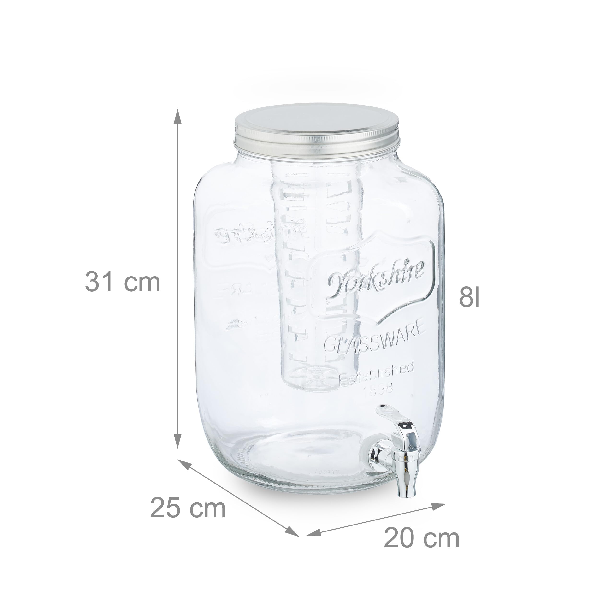 Relaxdays Distributeur de Boisson, en Verre, avec Compartiment et Couvercle, Volume : 8 litres, Transparent