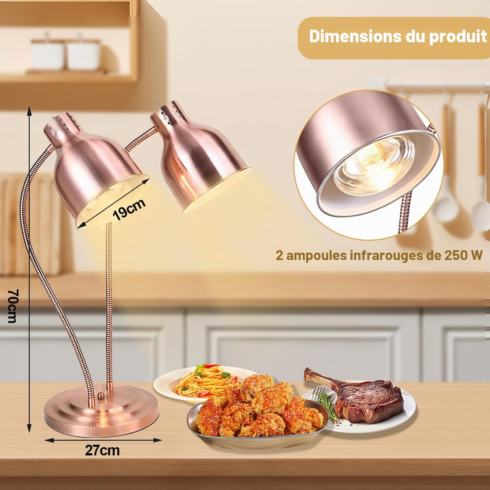 Lampes Chauffantes Alimentaires - Tuyau RéGlable à 360° - 2 Lampes Chauffantes Infrarouges De 250 W - Extensible Jusqu'à 70 Cm - pour Cuisine Buffet, Restaurant Et HôTel (Rose Doré, S-Shape)