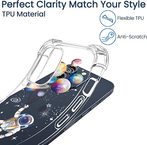 Miniatura 6 de Hi Space Compatible con iPhone 15 Pro Max, funda de astronauta, planeta, estrella espacial, luna con purpurina, transparente para mujeres y hombres,