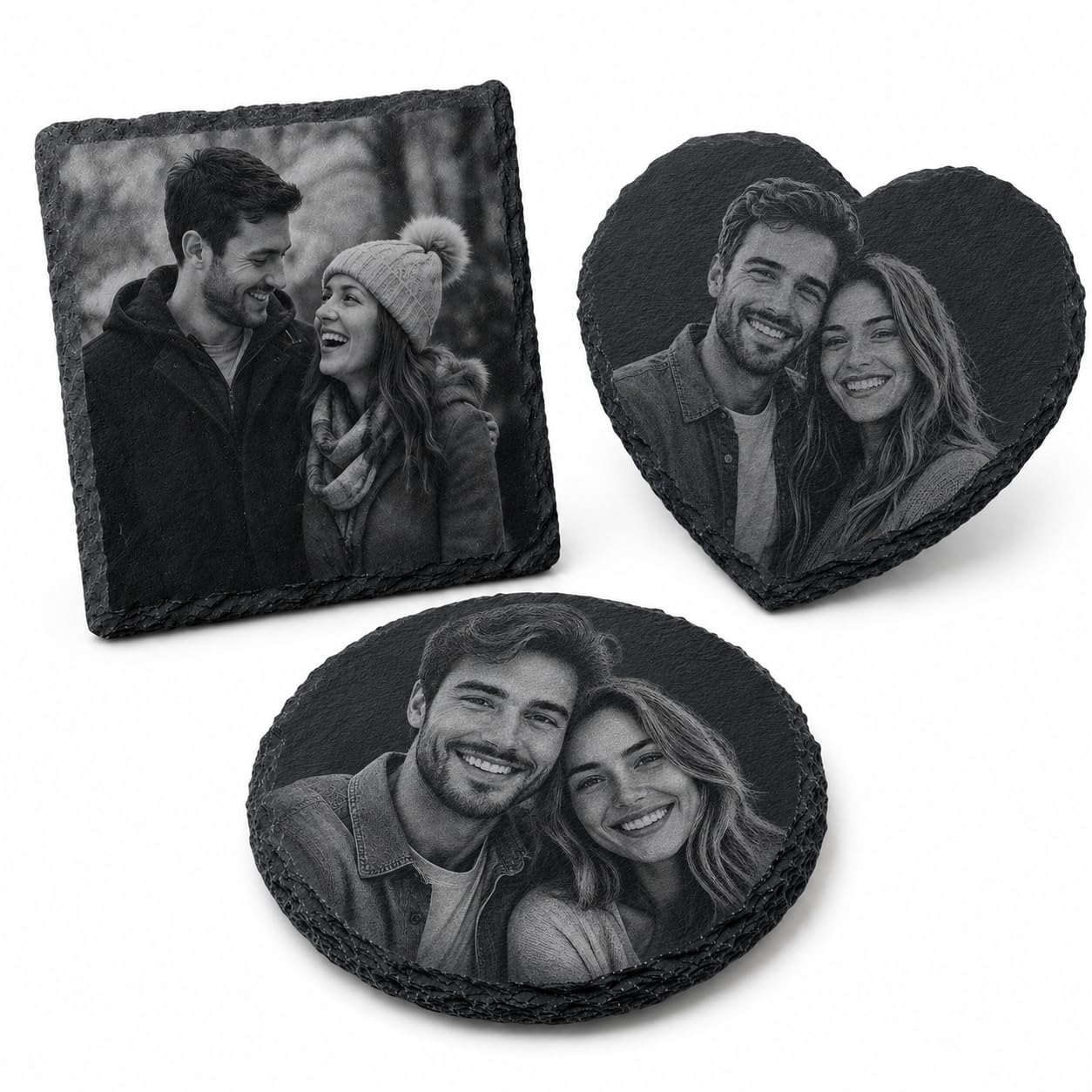 Custom Laser Engraved Slate Photo Coaster – Personalised Slate Coaster with Photo, Logo or Text – Available in Square, Round or Heart Shape – Gift for Couples, Family & Home (4, Round)