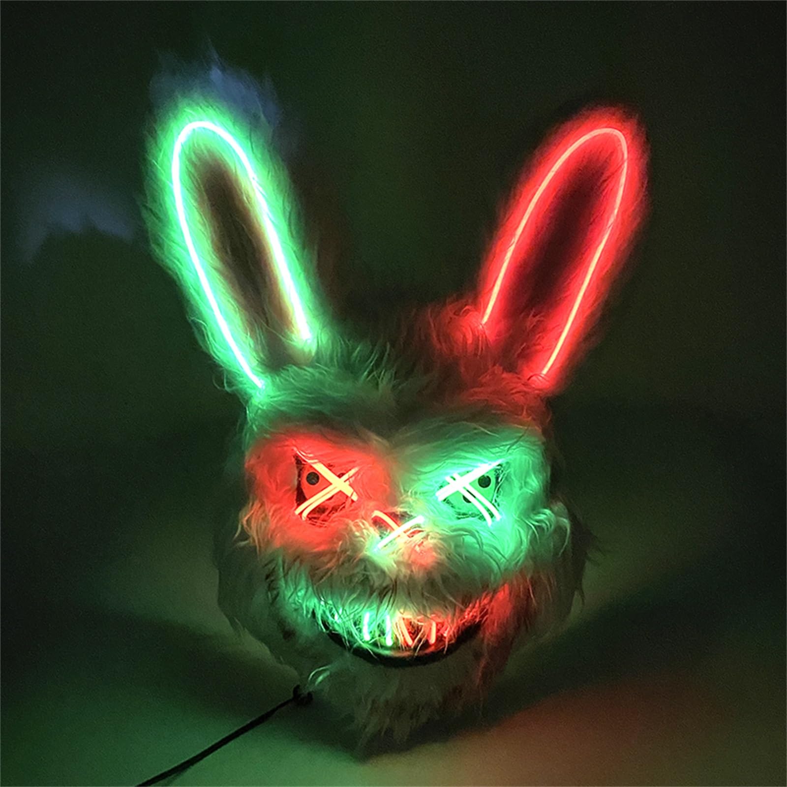 Kouoybt Halloween Scary Bunny Mask LED Light Up Creepy Plush Rabbit Mask Horror Lighting Mask for Halloween Party Costume (Fluorescent Green Red, One Size)