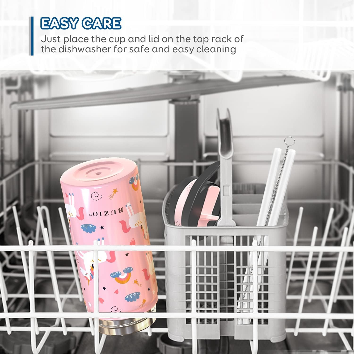 BUZIO Borraccia Con Cannuccia Unicorno in Acciaio Inox 400ml - Isolata per Bambini Senza BPA