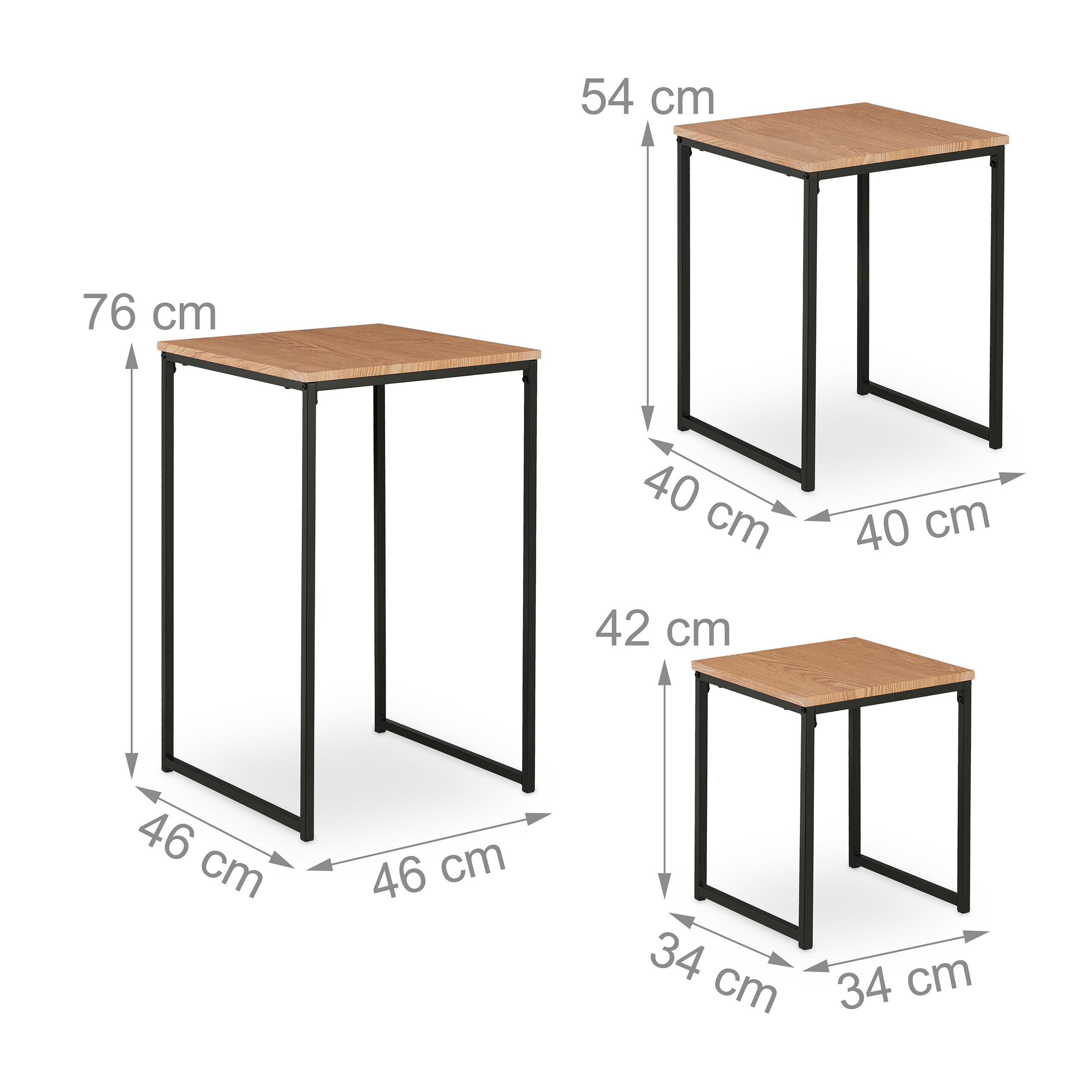 Relaxdays Lot de 3 Tables d’appoint, empilables, 3 Tailles, carrées, métal, pour Le Salon, déco, Nature - Noir