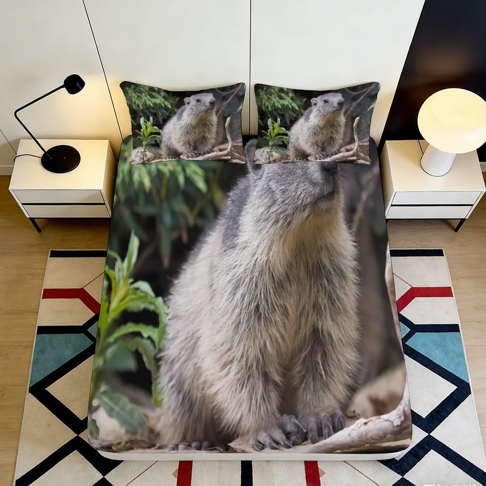 3D Printed Marmot Fitted Sheet Microfiber Soft Durable Wildlife Mattress Cover for Bedroom Dormitory Guest Room Mattress Protection Decoration 120x200x25cm