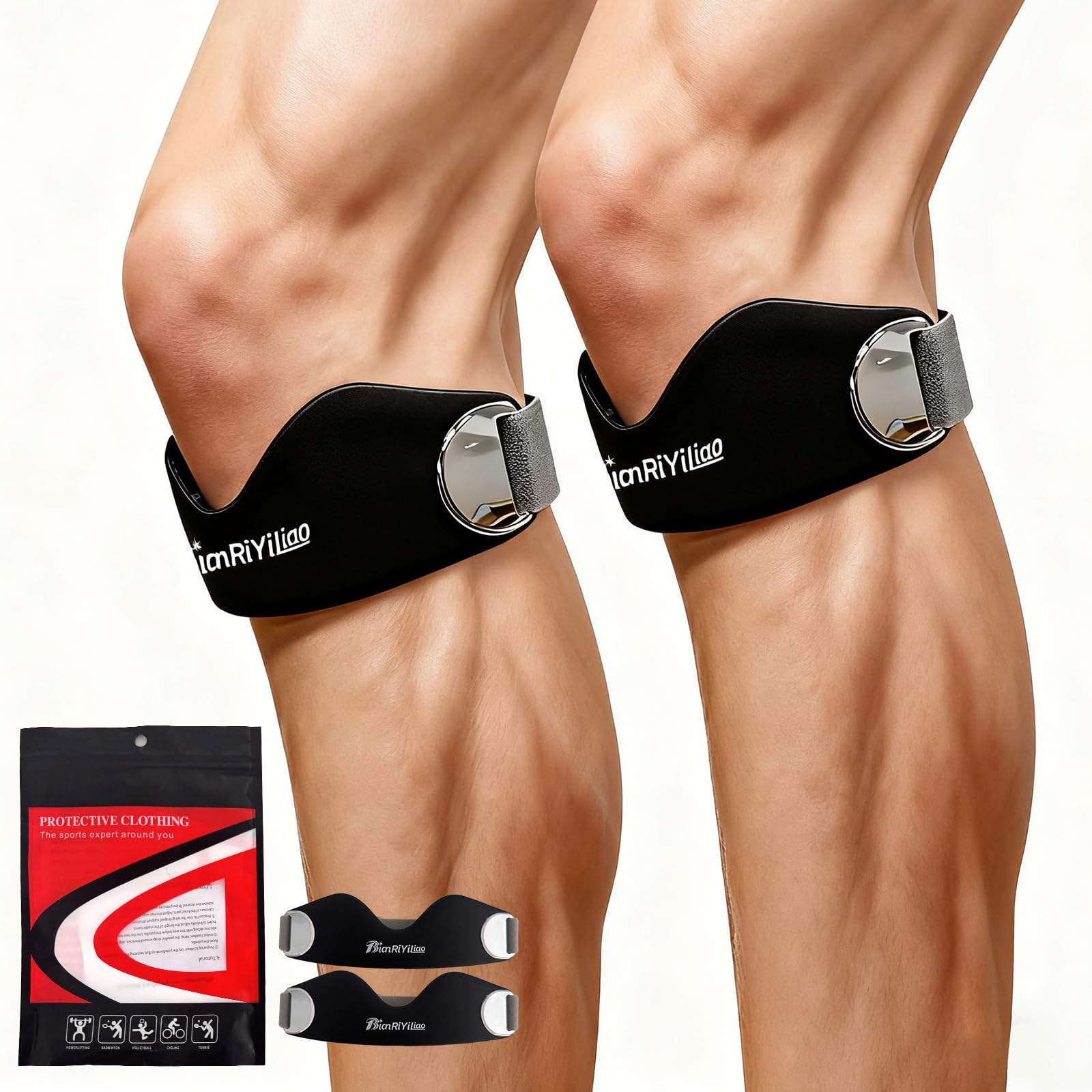 BianRiYiLiao Silicone Patellar Tendon Support Strap 2-Pack, Adjustable Non-Slip Patella Knee Strap Brace for Running, Hiking, Basketball, Jumpers Knee