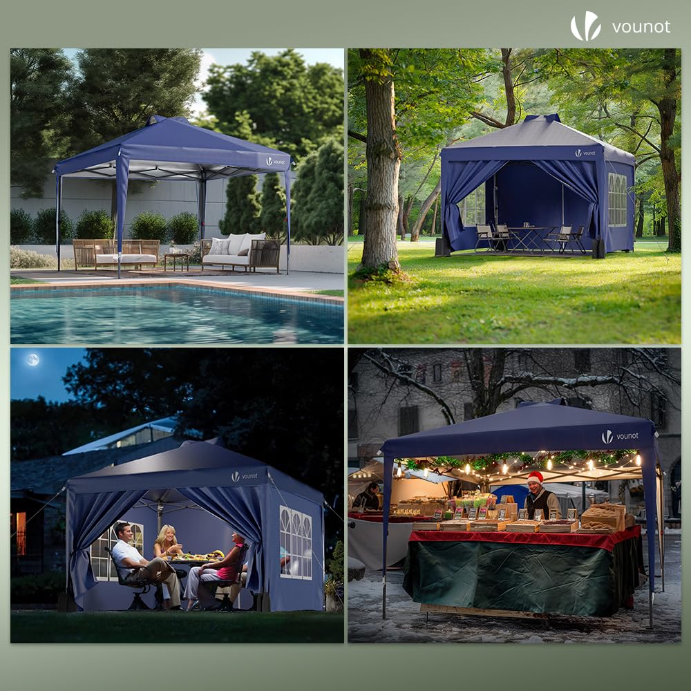 VOUNOT® Carpa Plegable Gazebo 3x3m Botón Central, Cenador Pabellón de Jardín con Paredes Laterales, Sacos Arena y Bolsa de Transporte, Pérgola Tienda Protección UV para Camping Fiestas Exterior, Azul