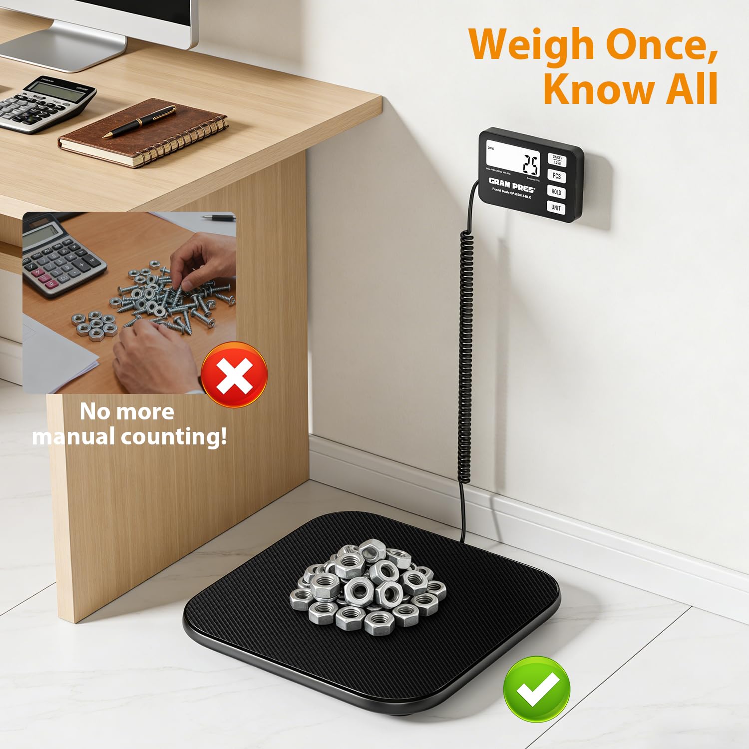 GRAM PRES Báscula de envíos digital de 200 kg/10 g con pantalla LCD, funciones de retención/tara/piezas para paquetes/equipaje/oficina de correos/perro, batería y cable USB incluidos