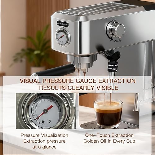 Miniatura 4 de Máquina de café expreso de 20 bares, cafetera compacta de acero inoxidable con espumador de leche de vapor y tanque extraíble para capuchino, café